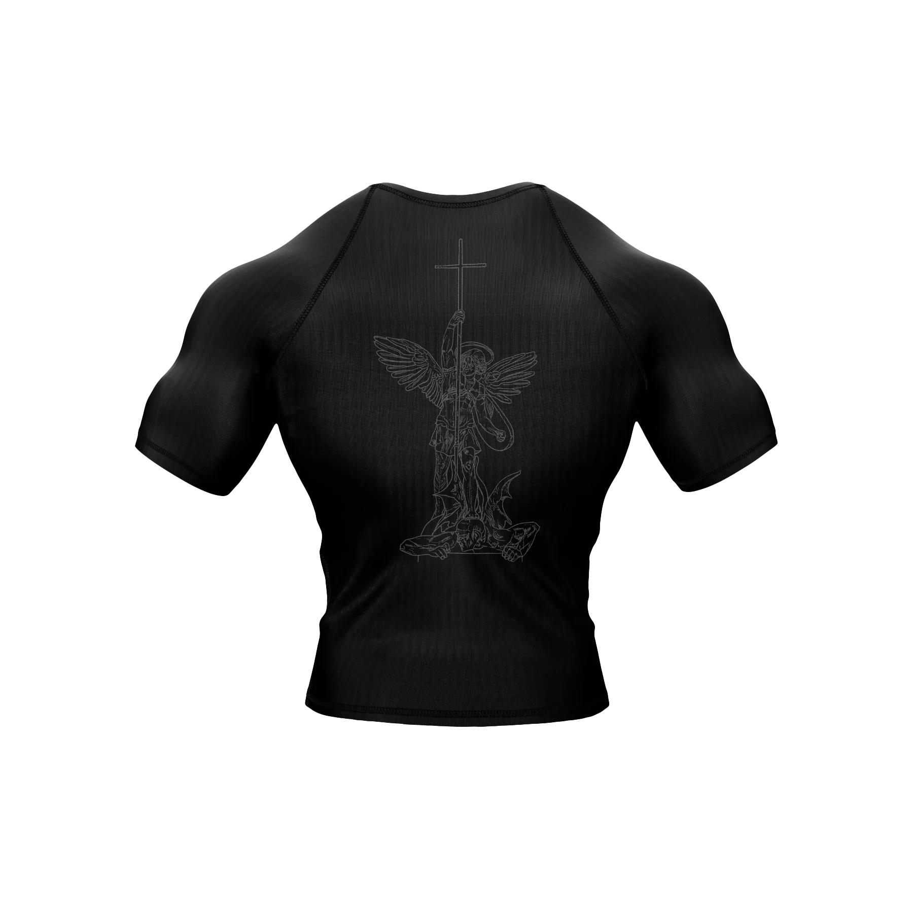 Saint Kaizen Angel Warrior Compression Tee. High-performance Christian gym wear with printed spiritual artwork. Tailored, ergonomic fit for muscle support.