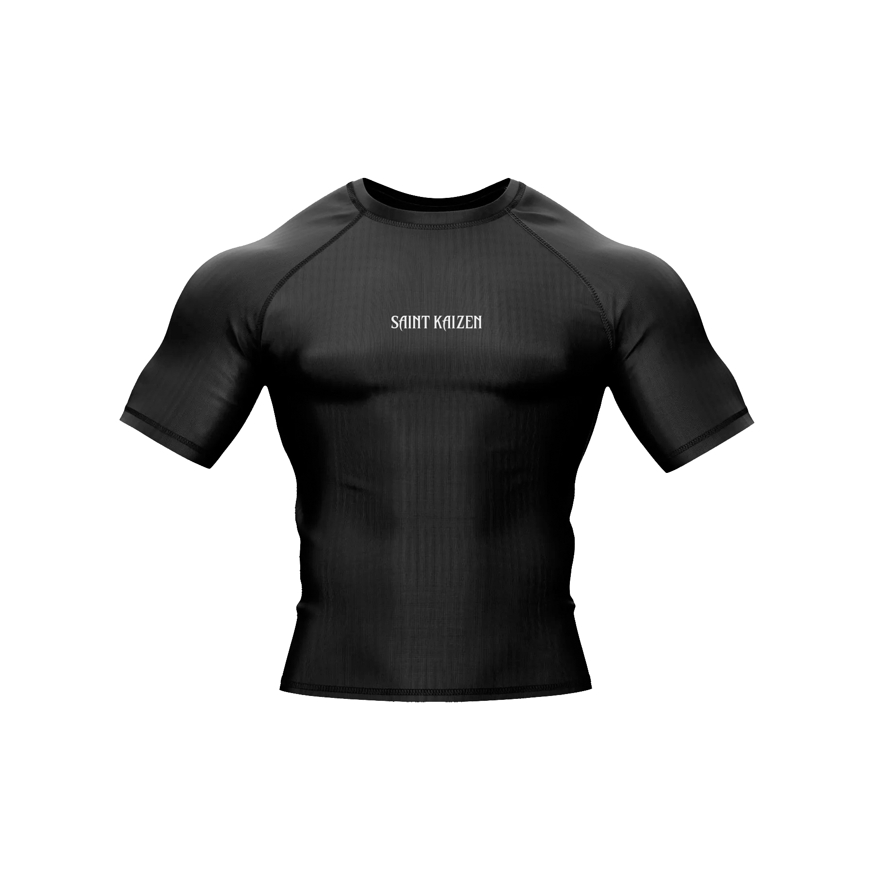 Saint Kaizen Angel Warrior Compression Tee. High-performance Christian gym wear with printed spiritual artwork. Tailored, ergonomic fit for muscle support.
