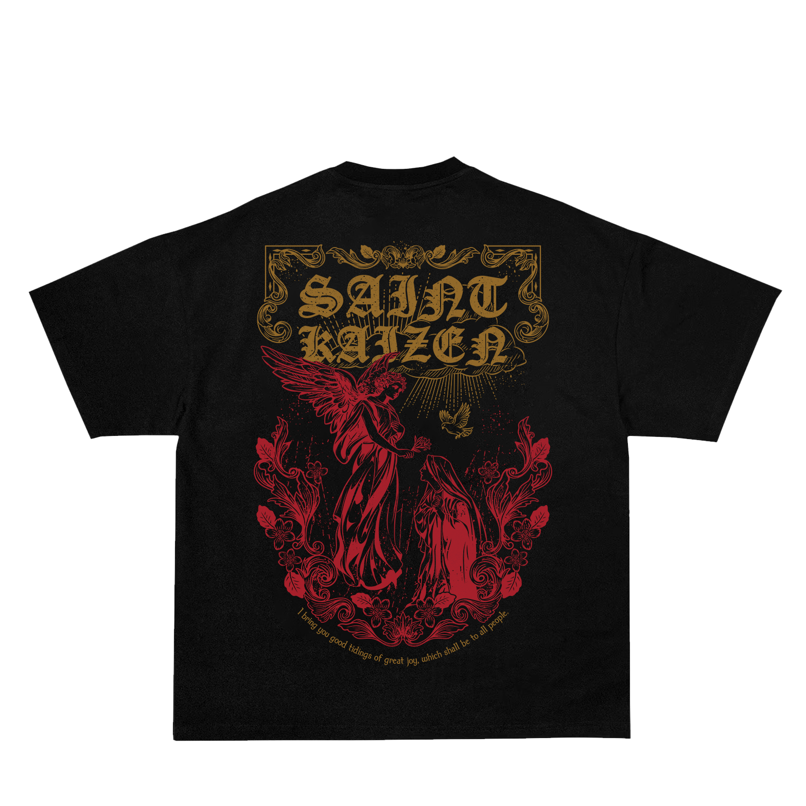 Saint Kaizen Christian gym wear shirt. Features the bold Angels Message T-Shirt - Black spiritual design. Oversize fit made from premium 220gr cotton.