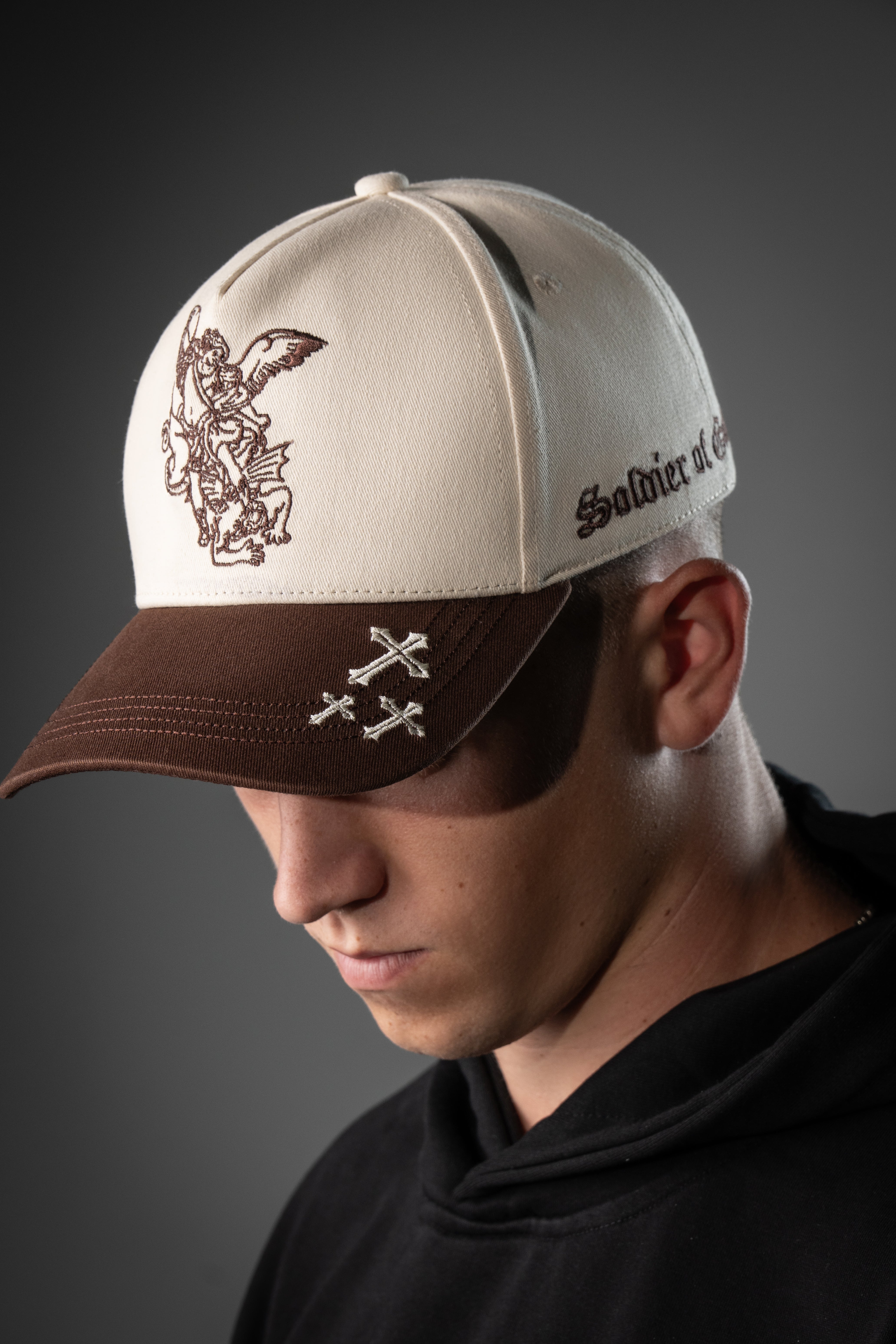 Saint Kaizen premium Christian gym wear Archangel Michael Cap - Brown and Beige. Features bold spiritual Artwork, A comfortable cap designed for both the gym and casual wear.
