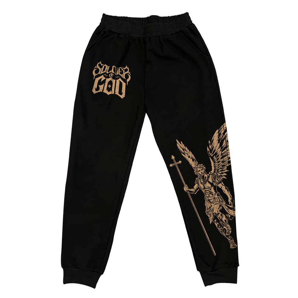 Saint Kaizen Archangel Michael Joggers. Christian gym wear with high-quality screen print design. Terry fleece lining for warmth and comfort.