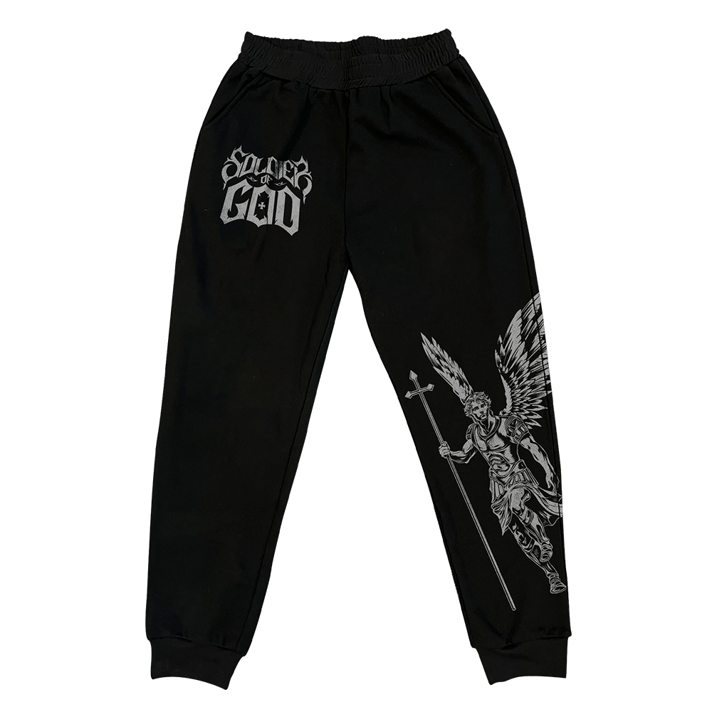 Saint Kaizen Archangel Michael Joggers - Black. Christian gym wear with high-quality screen print design. Terry fleece lining for warmth and comfort.