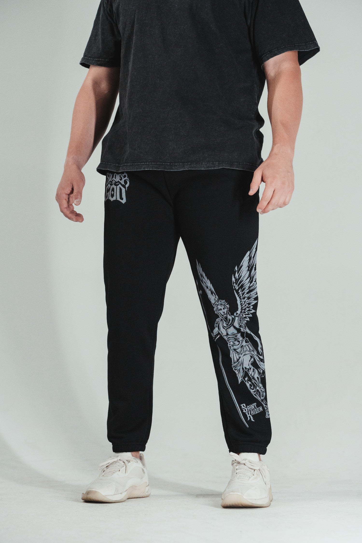 Saint Kaizen Archangel Michael Joggers - Black. Christian gym wear with high-quality screen print design. Terry fleece lining for warmth and comfort.