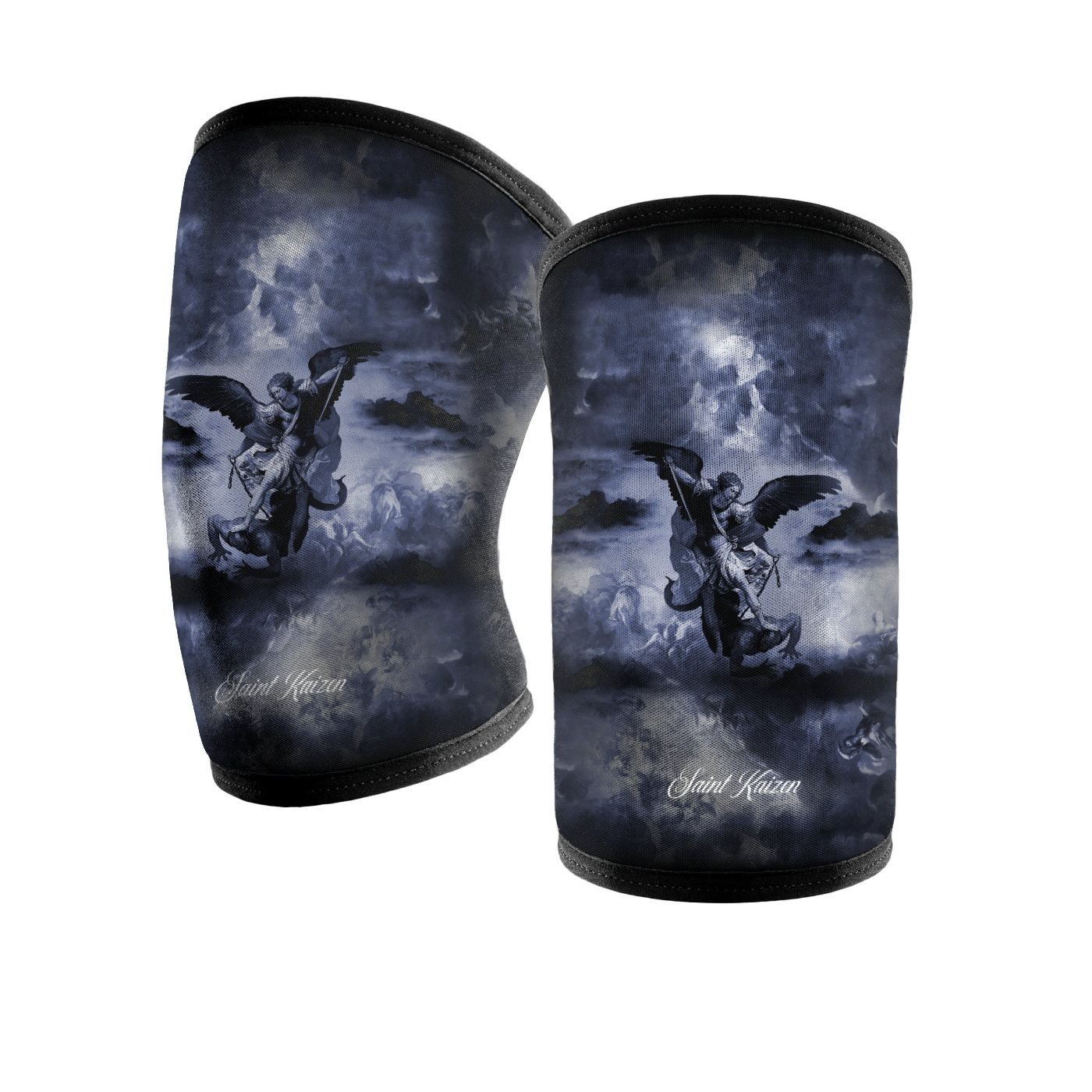 Saint Kaizen Archangel Michael Knee Sleeves. 7mm neoprene for maximum compression and support during squats and deadlifts. Essential Christian gym wear.