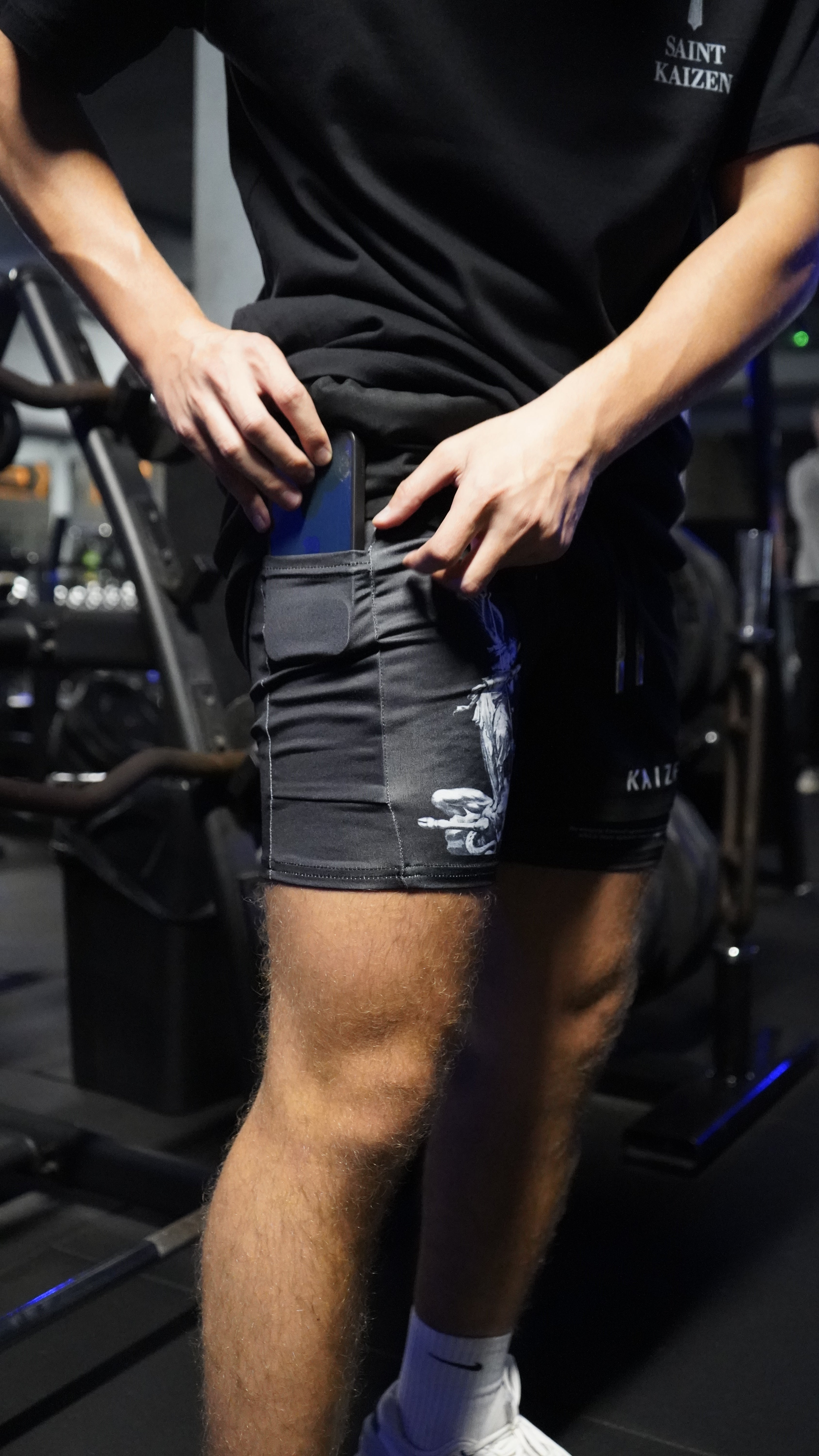 Saint Kaizen Christian gym wear Archangel Michael Performance Shorts. Two-layer shorts built for optimal mobility, featuring secure pockets and premium fabric.