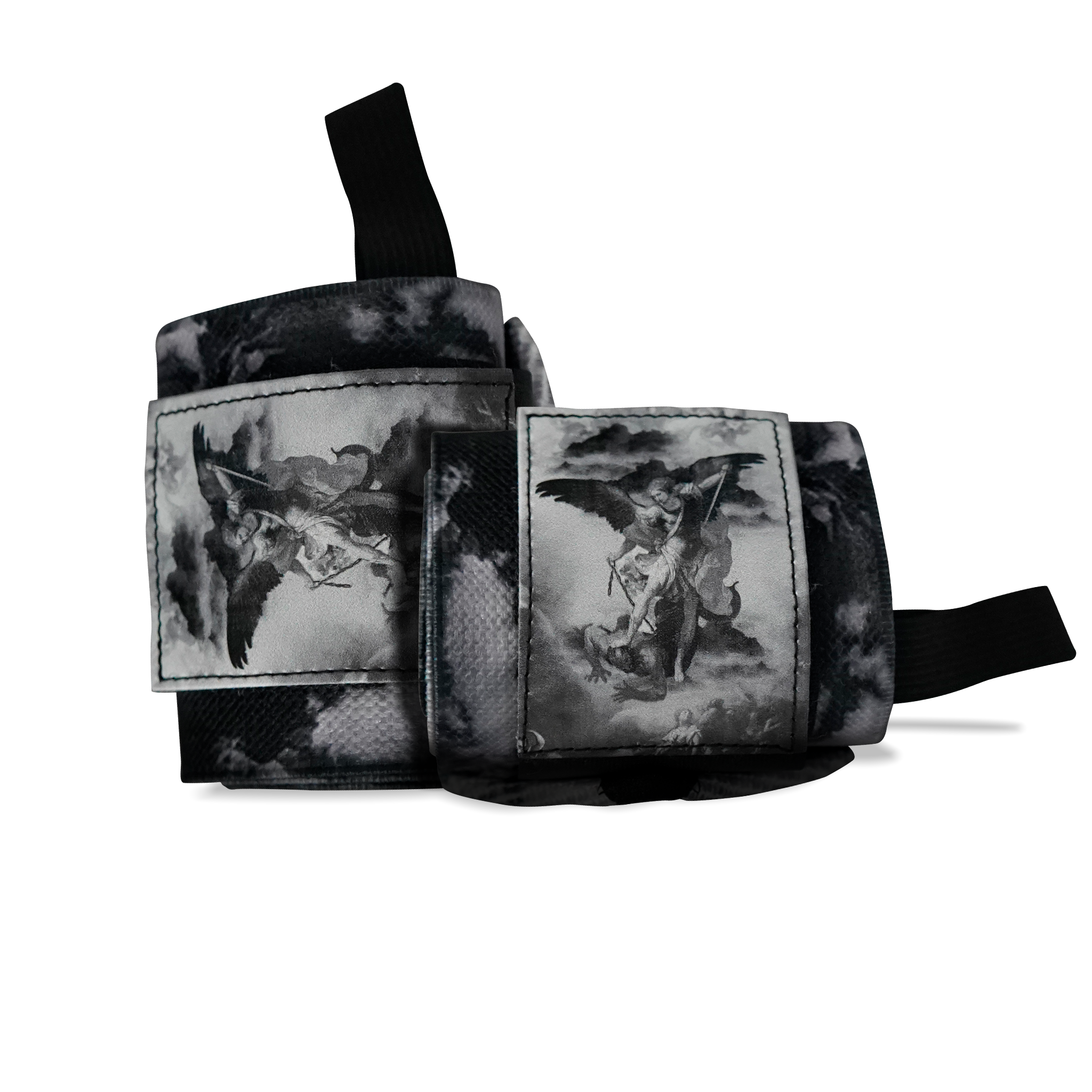 Saint Kaizen Archangel Michael Wrist Wraps - V2. Christian gym wear accessory featuring bold spiritual print and heavy-duty Velcro for stability.
