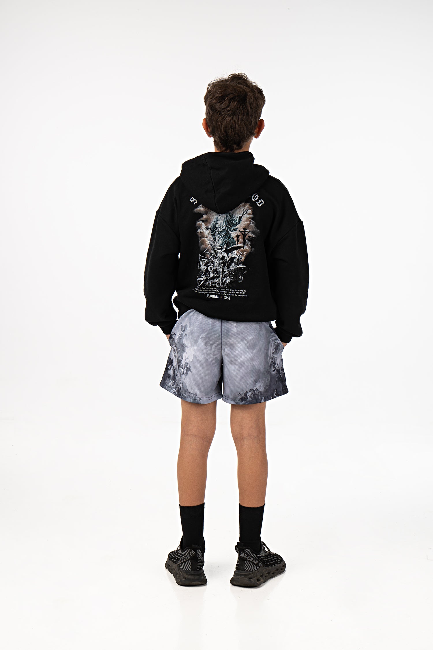 Saint Kaizen Christian gym wear Archangel Michael Youth Mesh Short. Lightweight 100% polyester mesh with bold printed spiritual design. Features a 5-inch inseam for mobility.