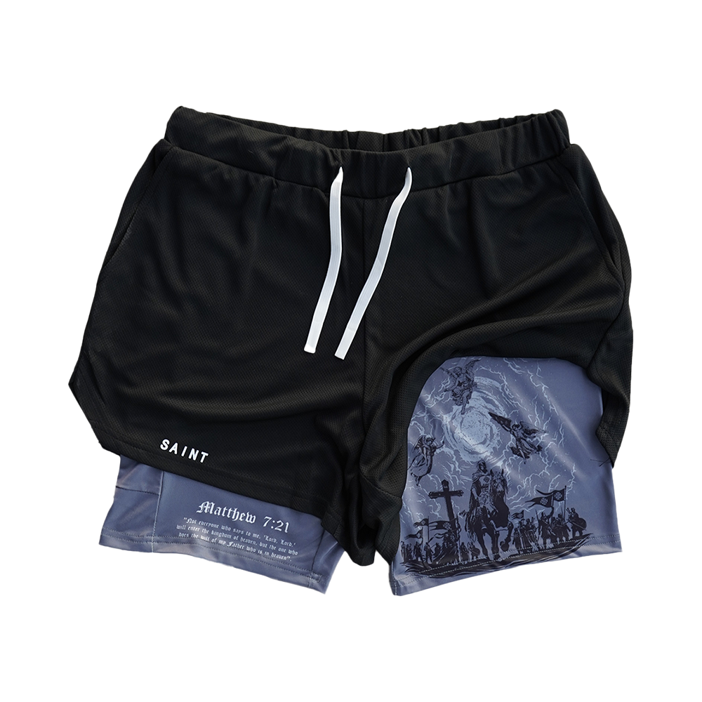 Saint Kaizen Christian gym wear Battle For Light Performance Shorts. Two-layer shorts built for optimal mobility, featuring secure pockets and premium fabric.