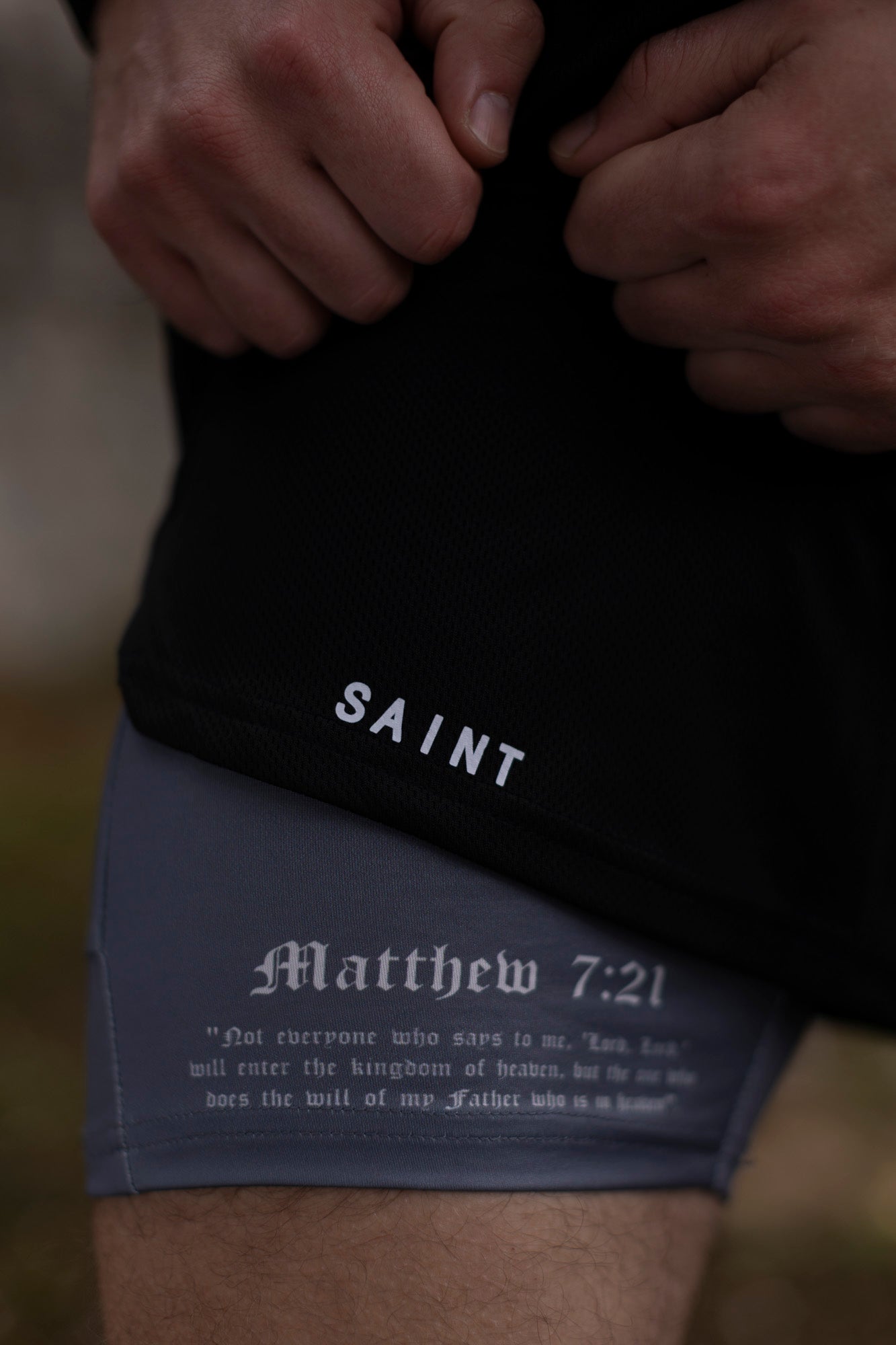 Saint Kaizen Christian gym wear Battle For Light Performance Shorts. Two-layer shorts built for optimal mobility, featuring secure pockets and premium fabric.