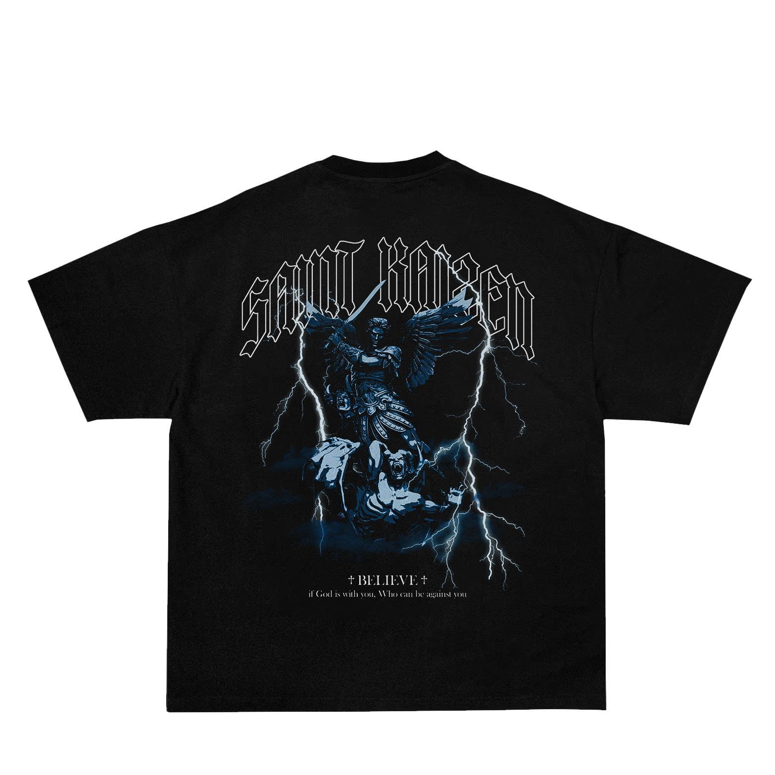 Saint Kaizen Christian gym wear shirt. Features the bold Believe T-Shirt - Black spiritual design. Oversize fit made from premium 220gr cotton.