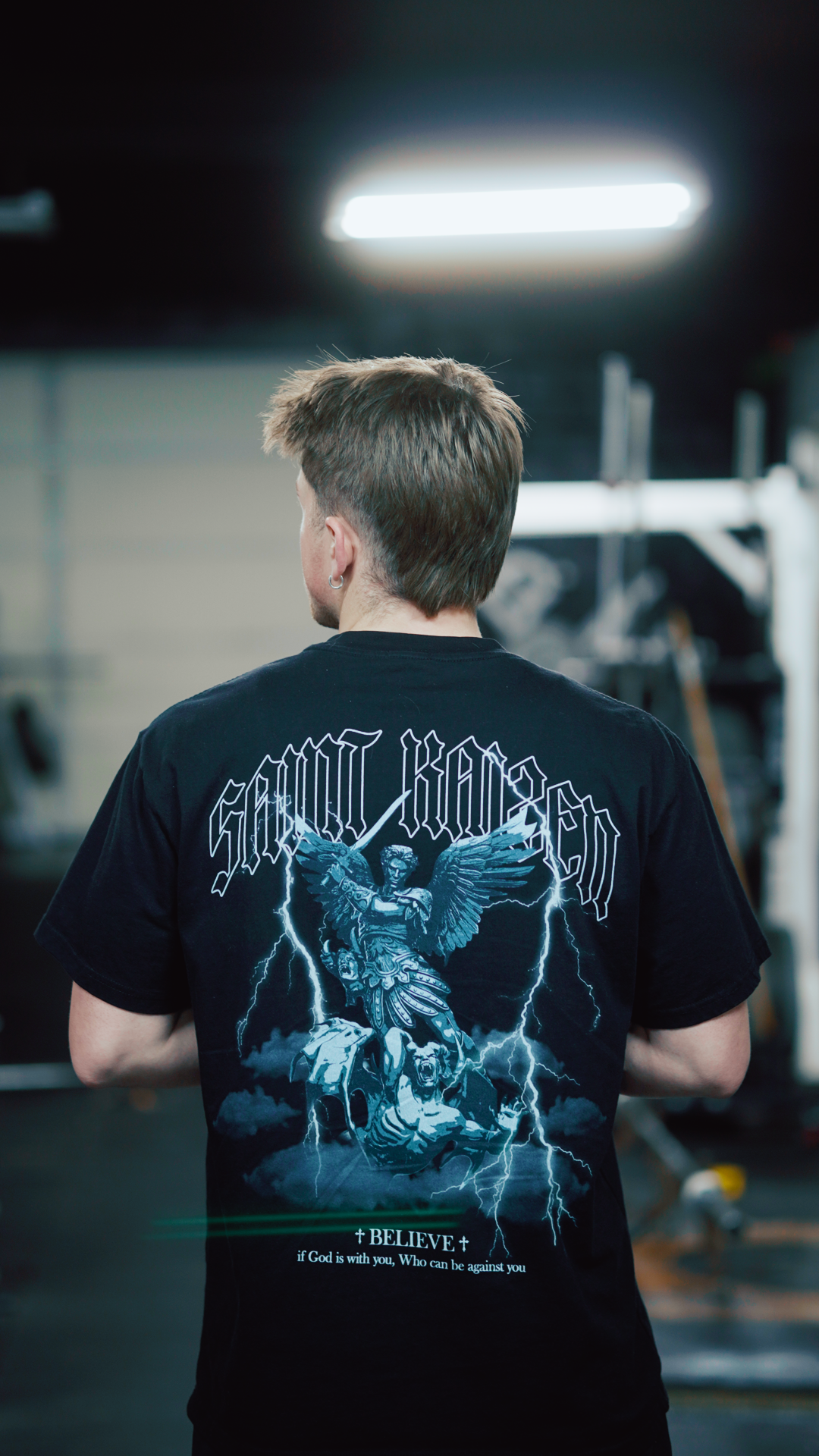 Saint Kaizen Christian gym wear shirt. Features the bold Believe T-Shirt - Black spiritual design. Oversize fit made from premium 220gr cotton.