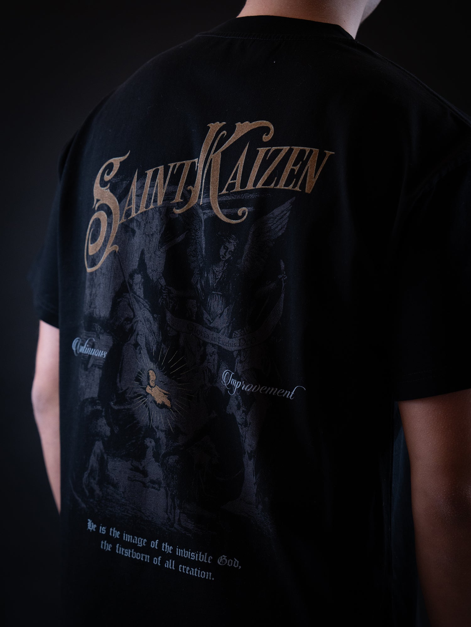 Saint Kaizen Christian gym wear shirt. Features the bold Birth of The Son T-Shirt - Black spiritual design. Oversize fit made from premium 220gr cotton.