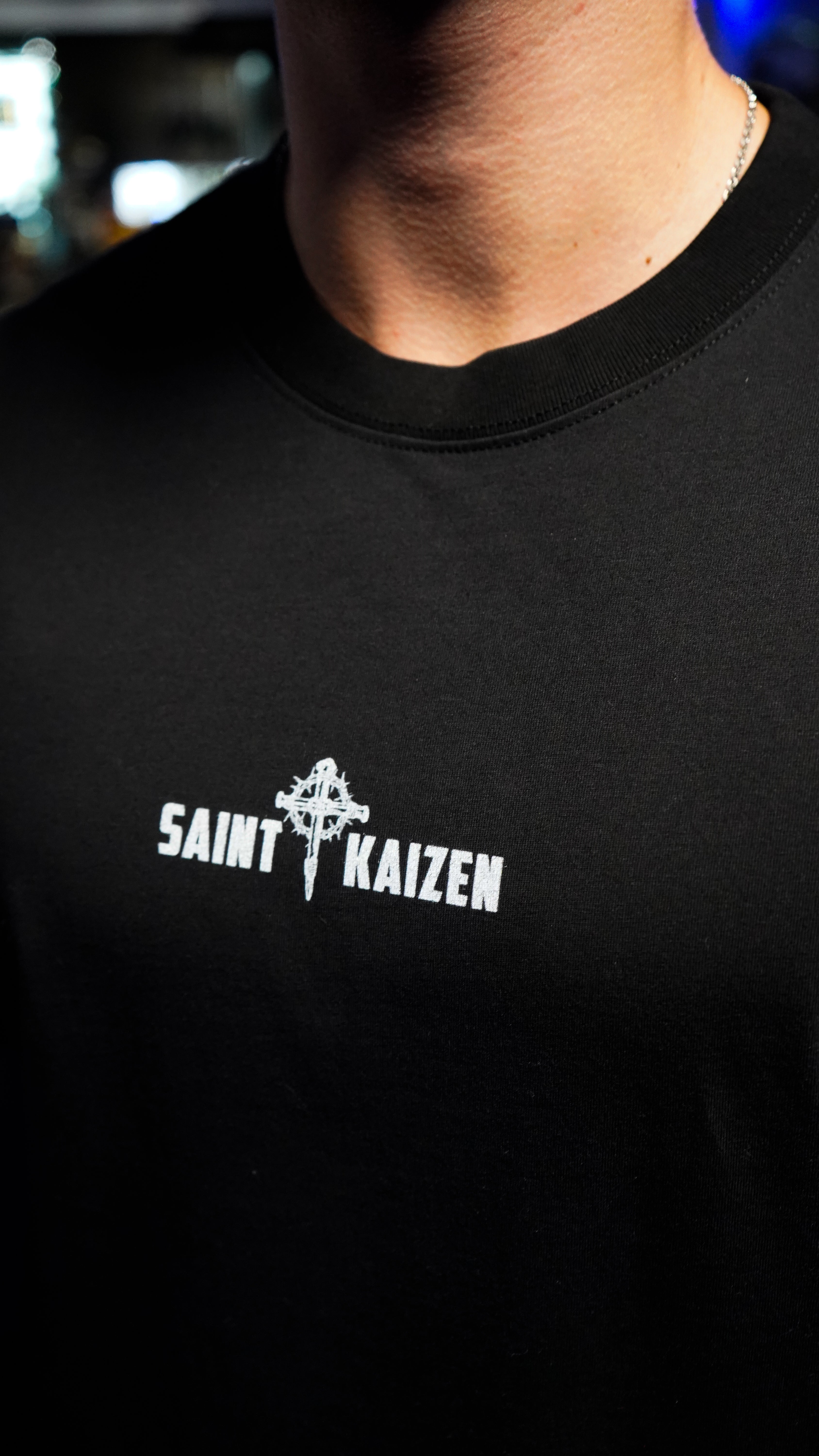 Saint Kaizen Christian gym wear shirt. Features the bold Carry the Cross T-Shirt spiritual design. Oversize fit made from premium 220gr cotton.