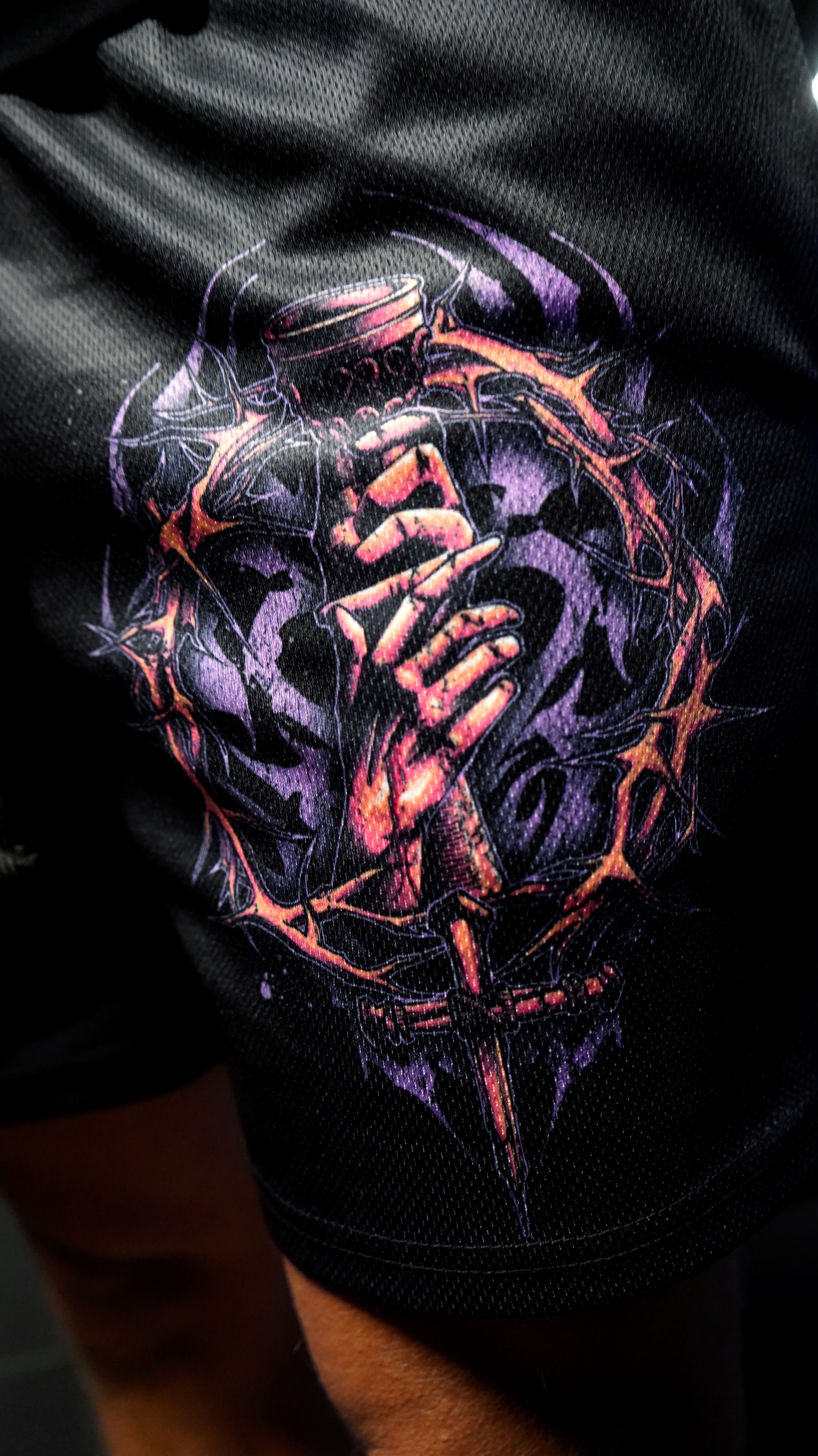 Saint Kaizen Christian gym wear Chalice of Sacrifice Mesh Shorts. Lightweight 100% polyester mesh with bold printed spiritual design. Features a 5-inch inseam for mobility.