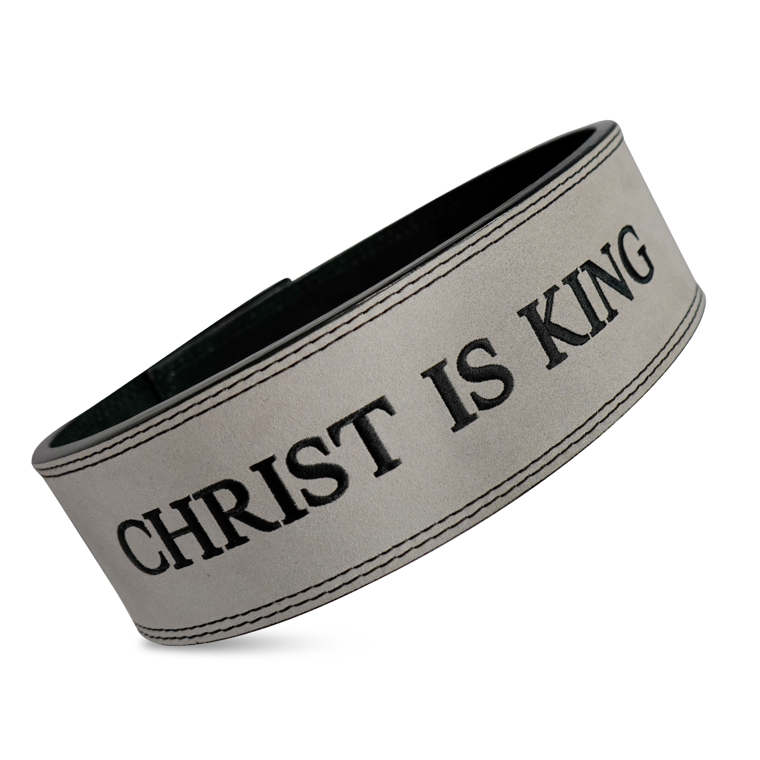 Saint Kaizen Christ is King Lever Belt - Gray (10mm, black) for Powerlifting. Premium Weightlifting belt designed for Christian athletes.