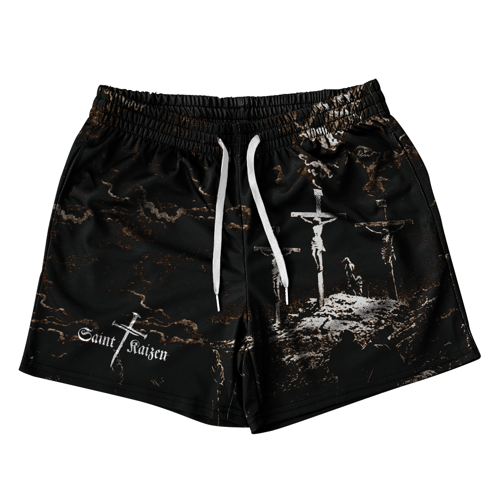 Saint Kaizen Christian gym wear Cross Camo Shorts. Lightweight 100% polyester mesh with bold printed spiritual design. Features a 5-inch inseam for mobility.