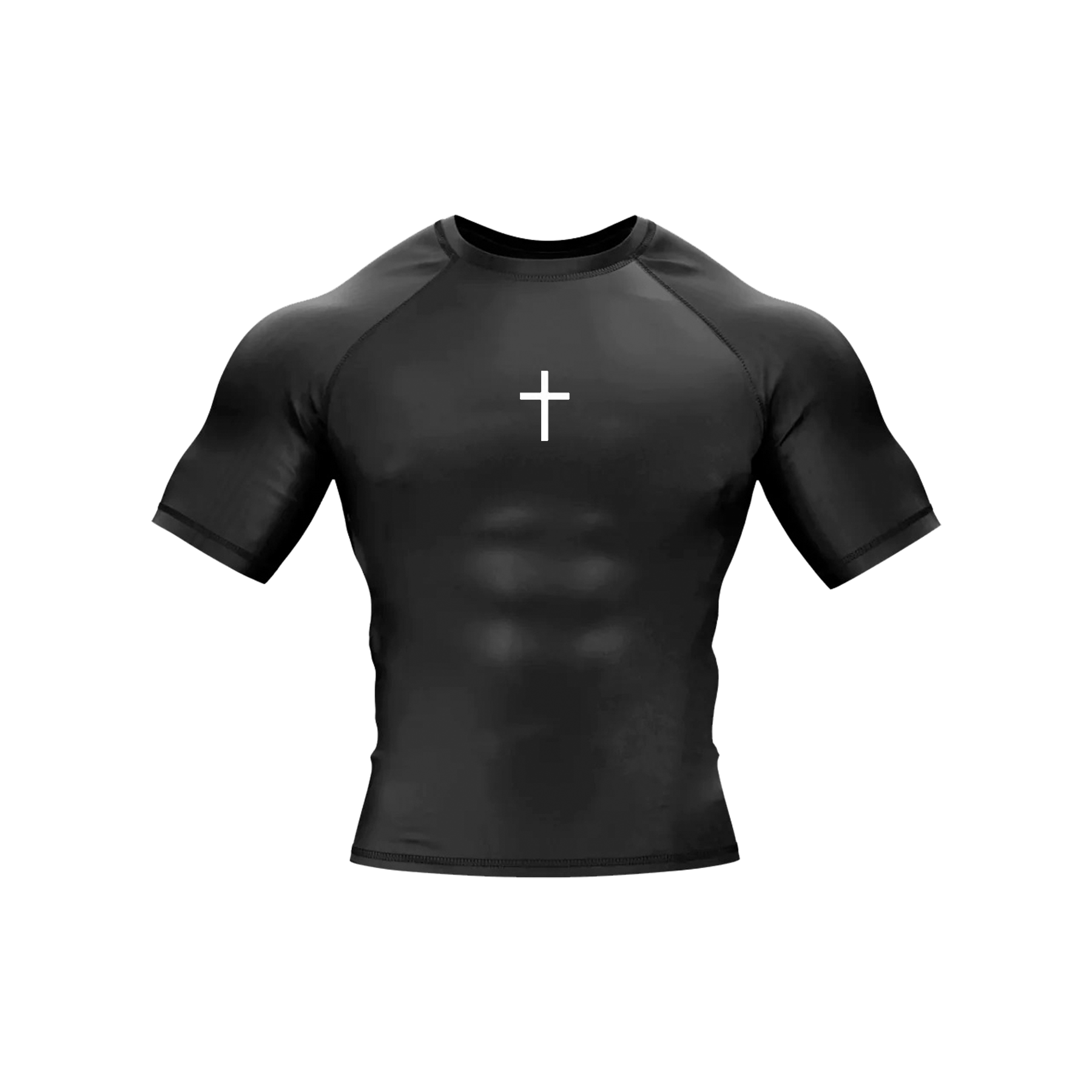 Saint Kaizen Cross Short Sleeve Compression - Black. High-performance Christian gym wear with printed spiritual artwork. Tailored, ergonomic fit for muscle support.