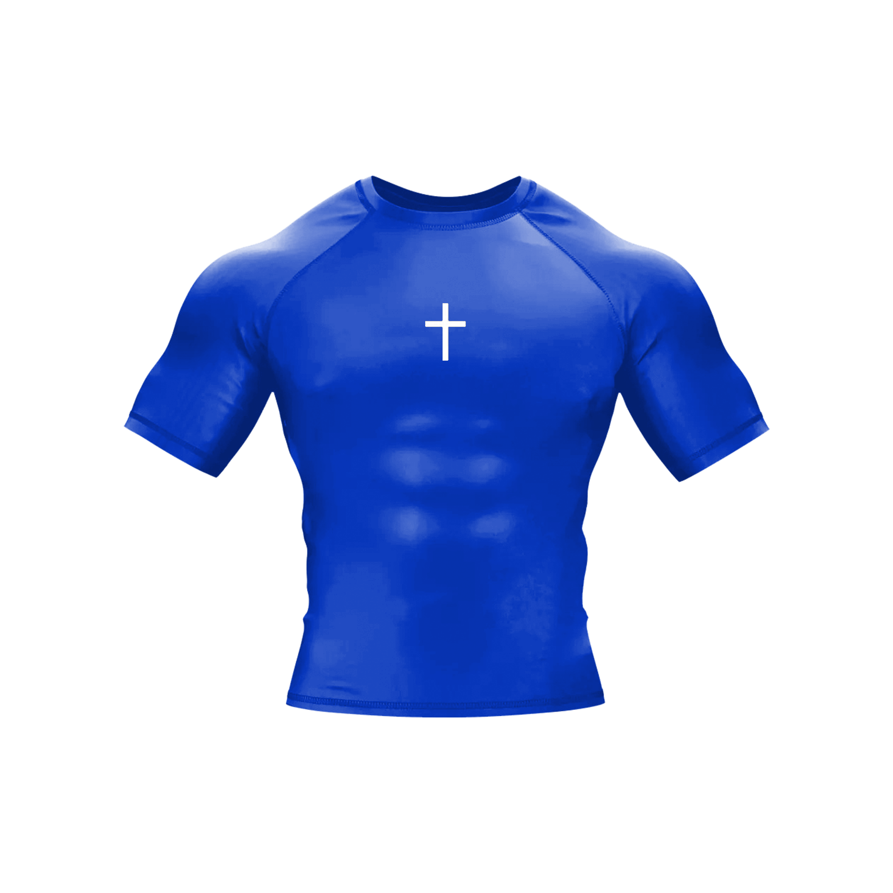 Saint Kaizen Cross Short Sleeve Compression - Blue. High-performance Christian gym wear with printed spiritual artwork. Tailored, ergonomic fit for muscle support.