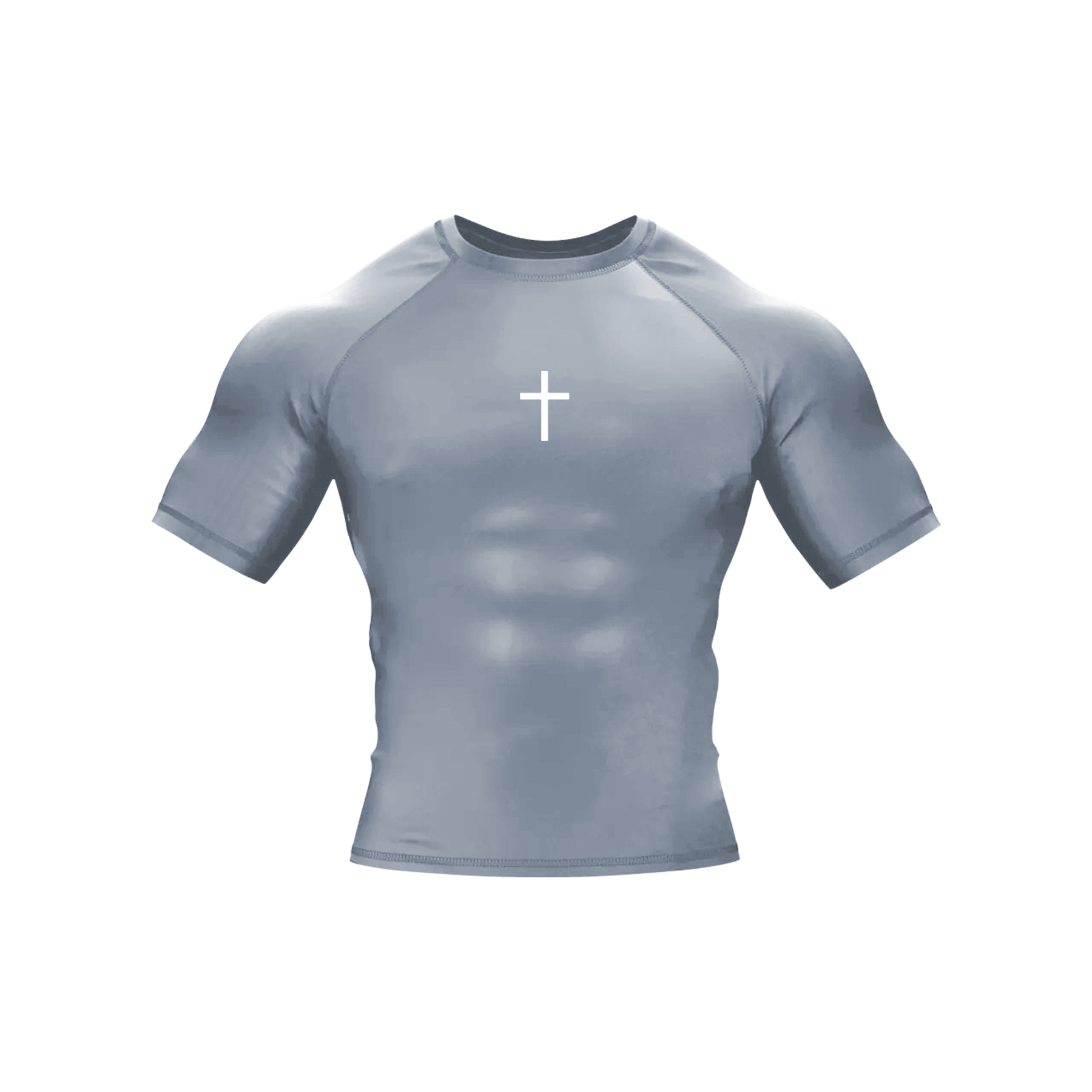 Saint Kaizen Cross Short Sleeve Compression - Gray. High-performance Christian gym wear with printed spiritual artwork. Tailored, ergonomic fit for muscle support.
