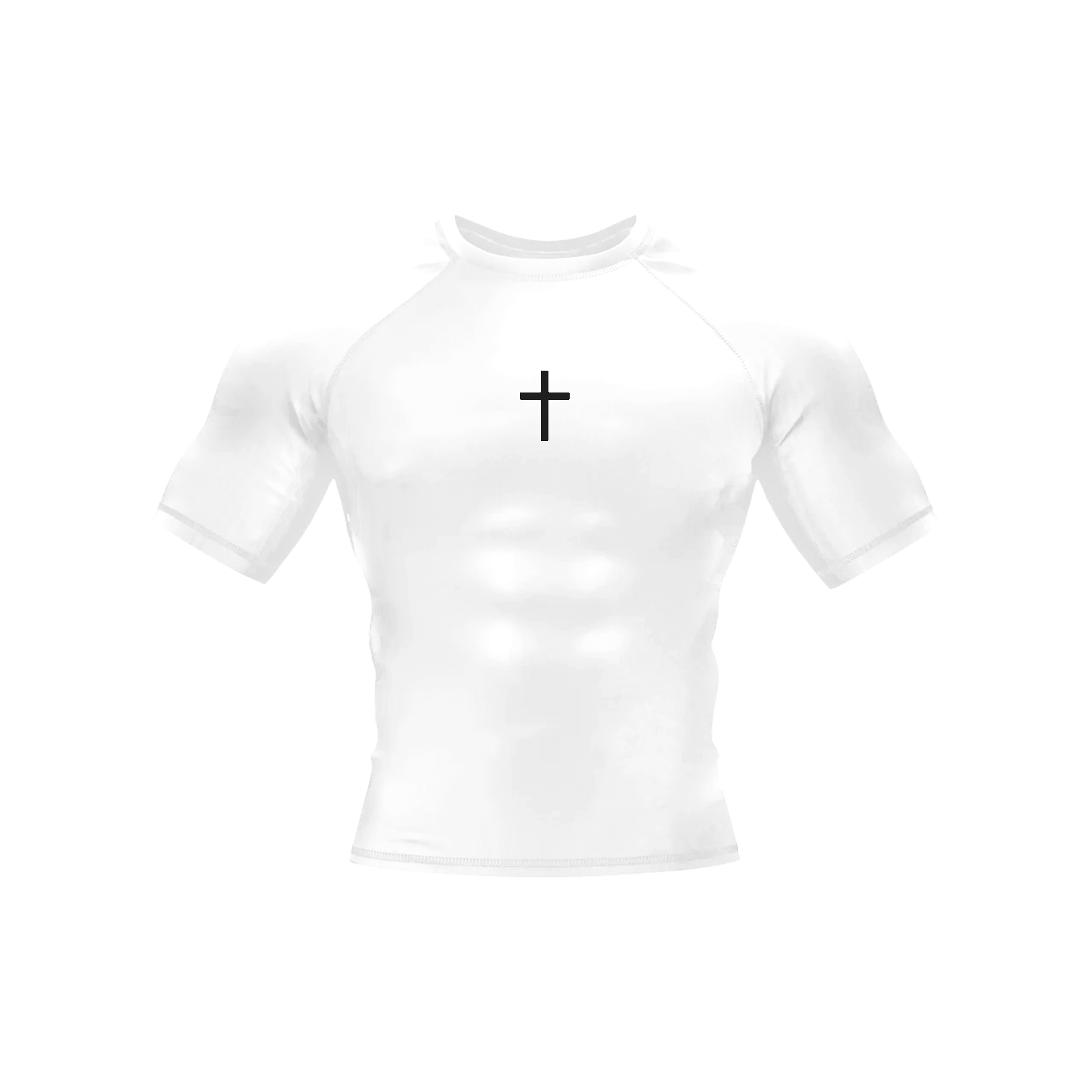 Saint Kaizen Cross Short Sleeve Compression - White. High-performance Christian gym wear with printed spiritual artwork. Tailored, ergonomic fit for muscle support.
