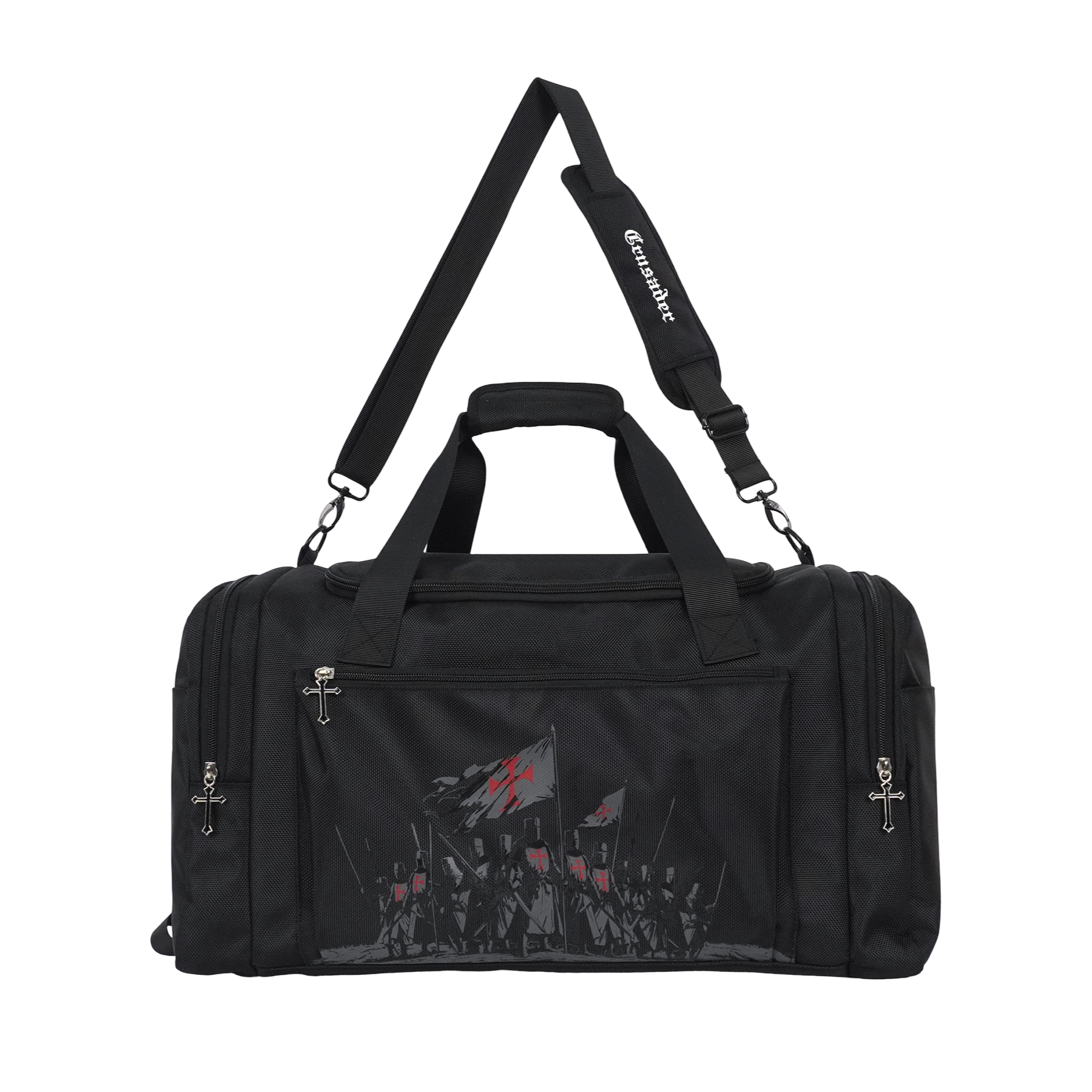 Saint Kaizen Christian gym duffle bag. Features the Crusader Duffle Bag verse, powerful spiritual silk print artwork, and detailed embroidery for Christian athletes