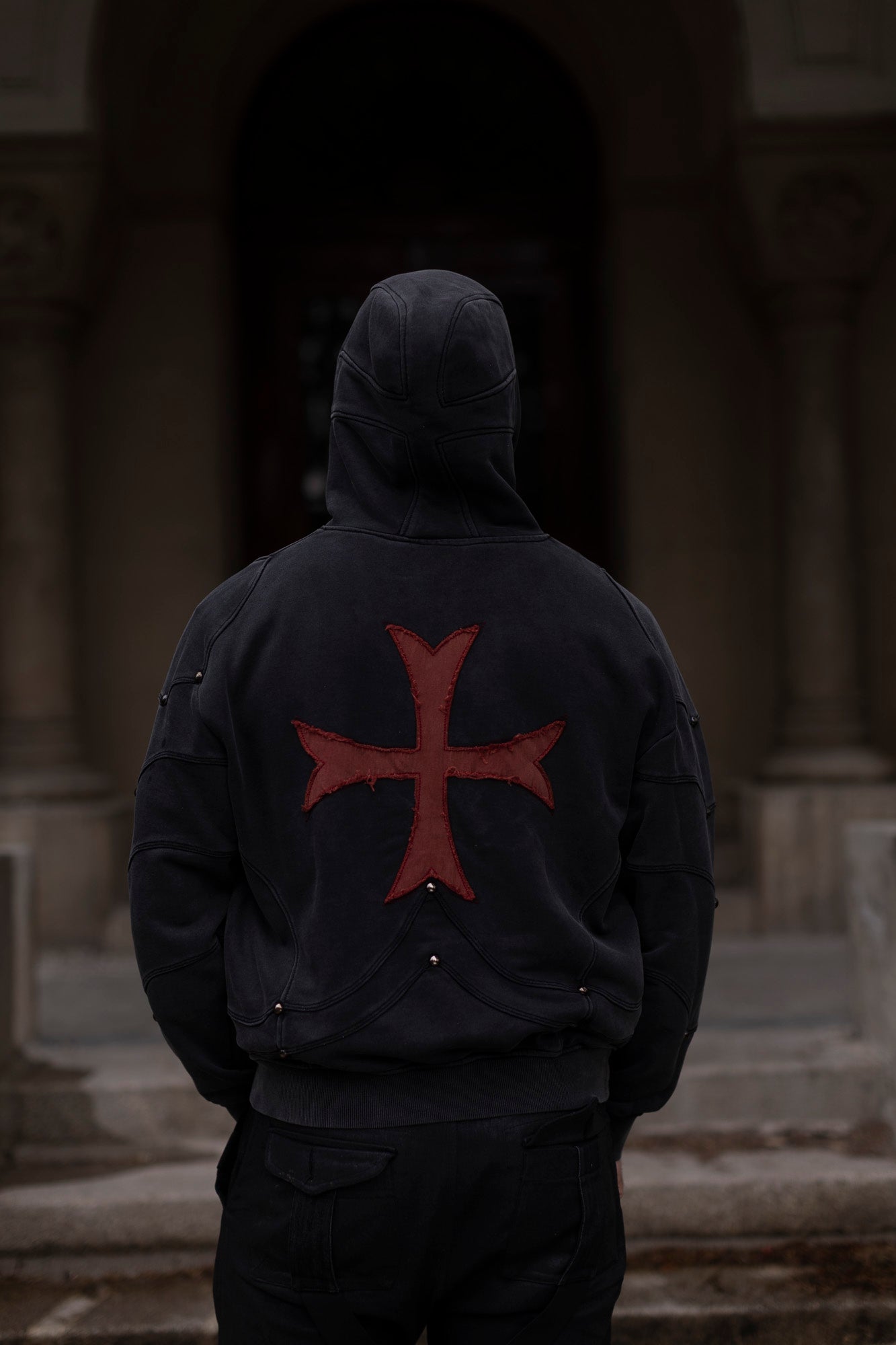 Saint Kaizen Crusader Armor Hoodie. Heavyweight Christian gym wear hoodie featuring a durable, stitched patch with spiritual artwork.