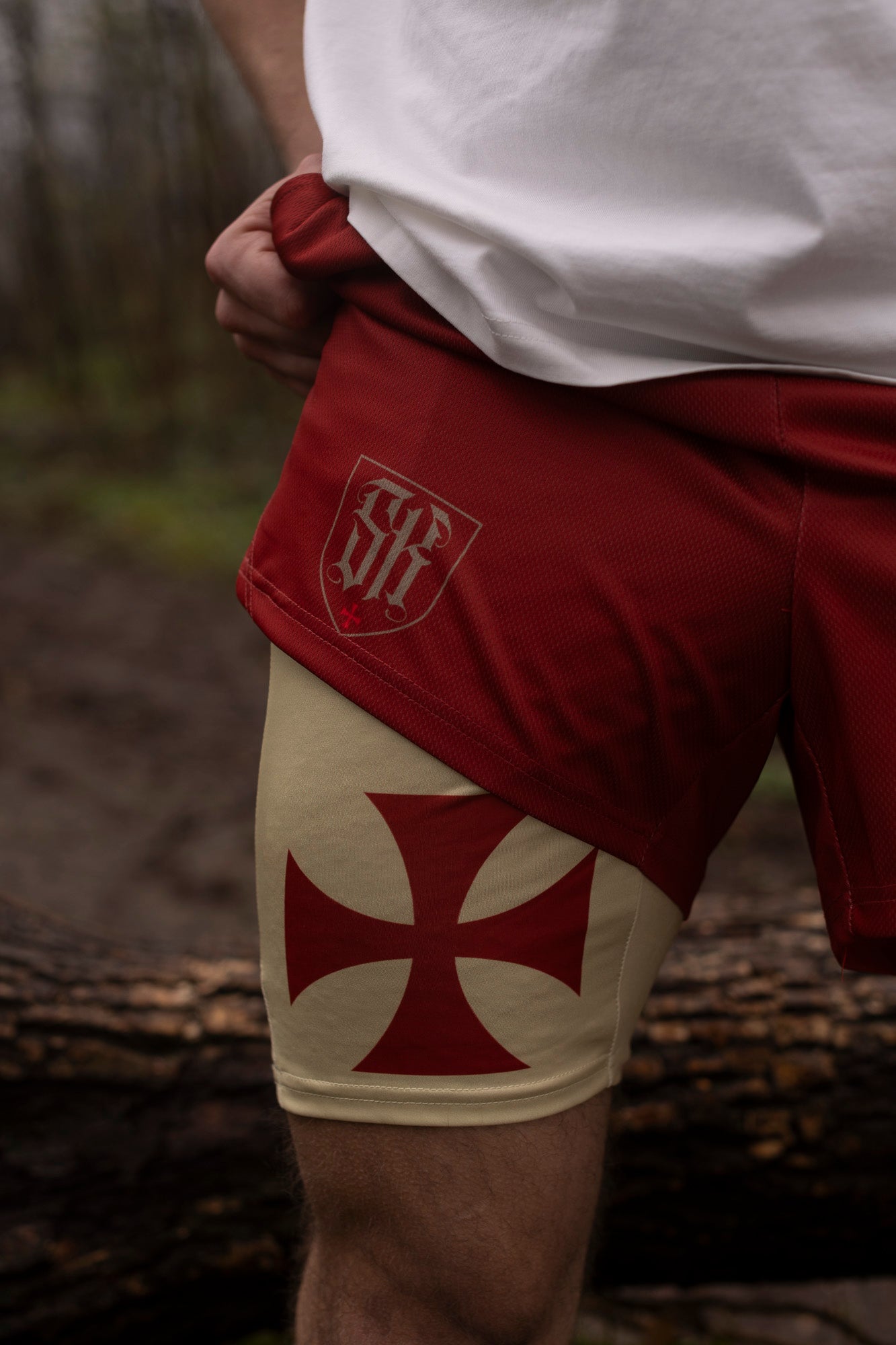 Saint Kaizen Christian gym wear Crusader Cross Performance Shorts. Two-layer shorts built for optimal mobility, featuring secure pockets and premium fabric.