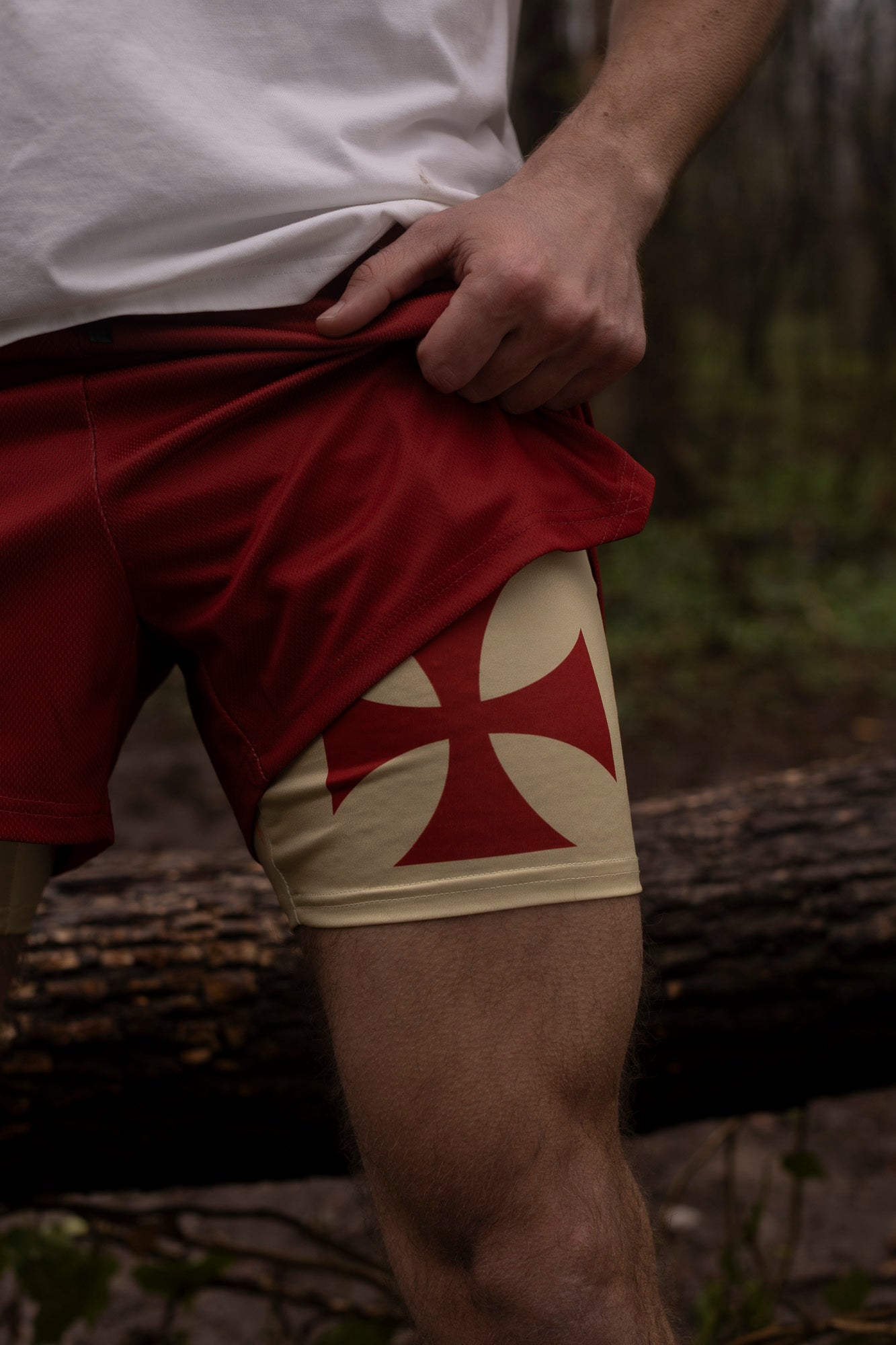 Saint Kaizen Christian gym wear Crusader Cross Performance Shorts. Two-layer shorts built for optimal mobility, featuring secure pockets and premium fabric.
