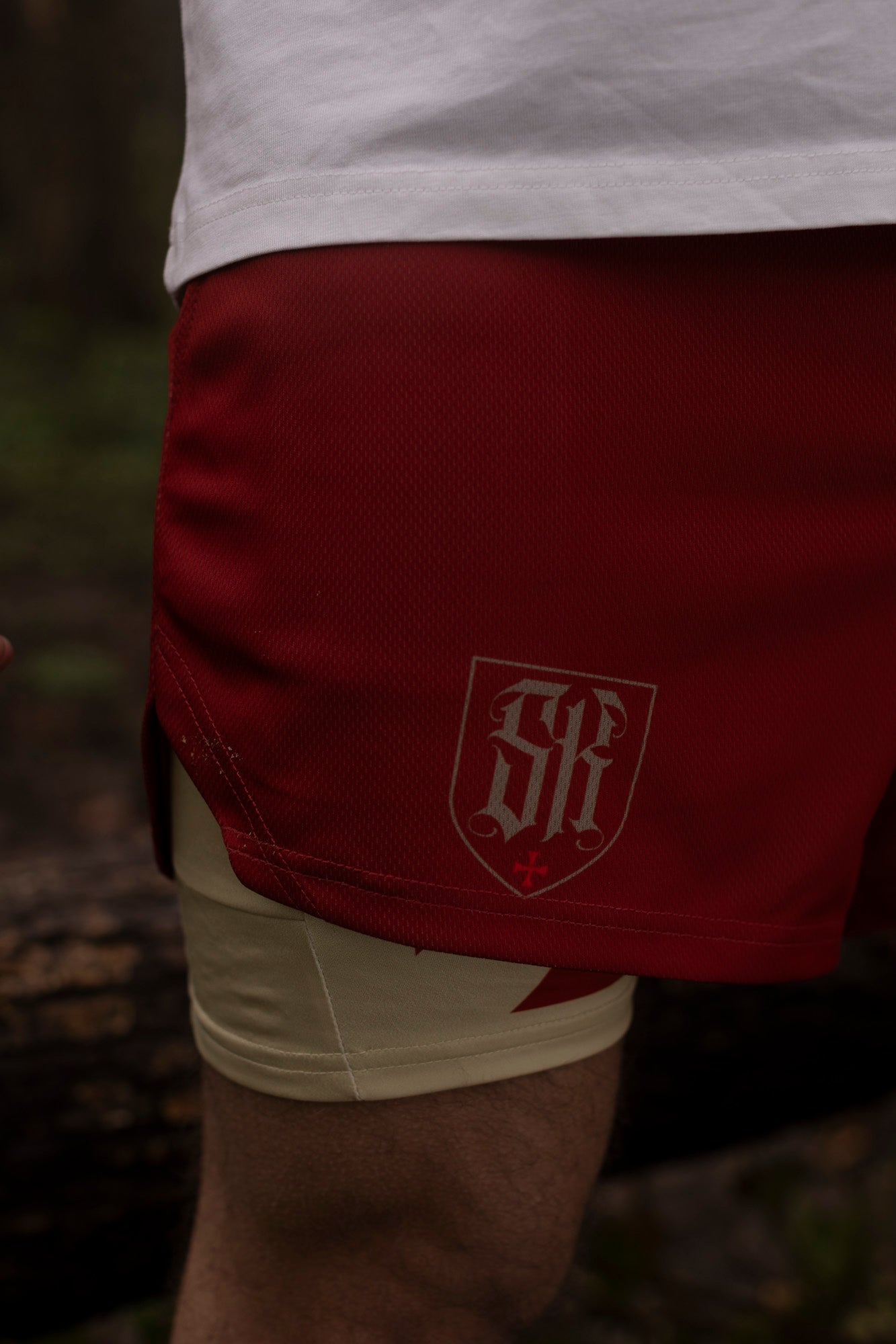 Saint Kaizen Christian gym wear Crusader Cross Performance Shorts. Two-layer shorts built for optimal mobility, featuring secure pockets and premium fabric.