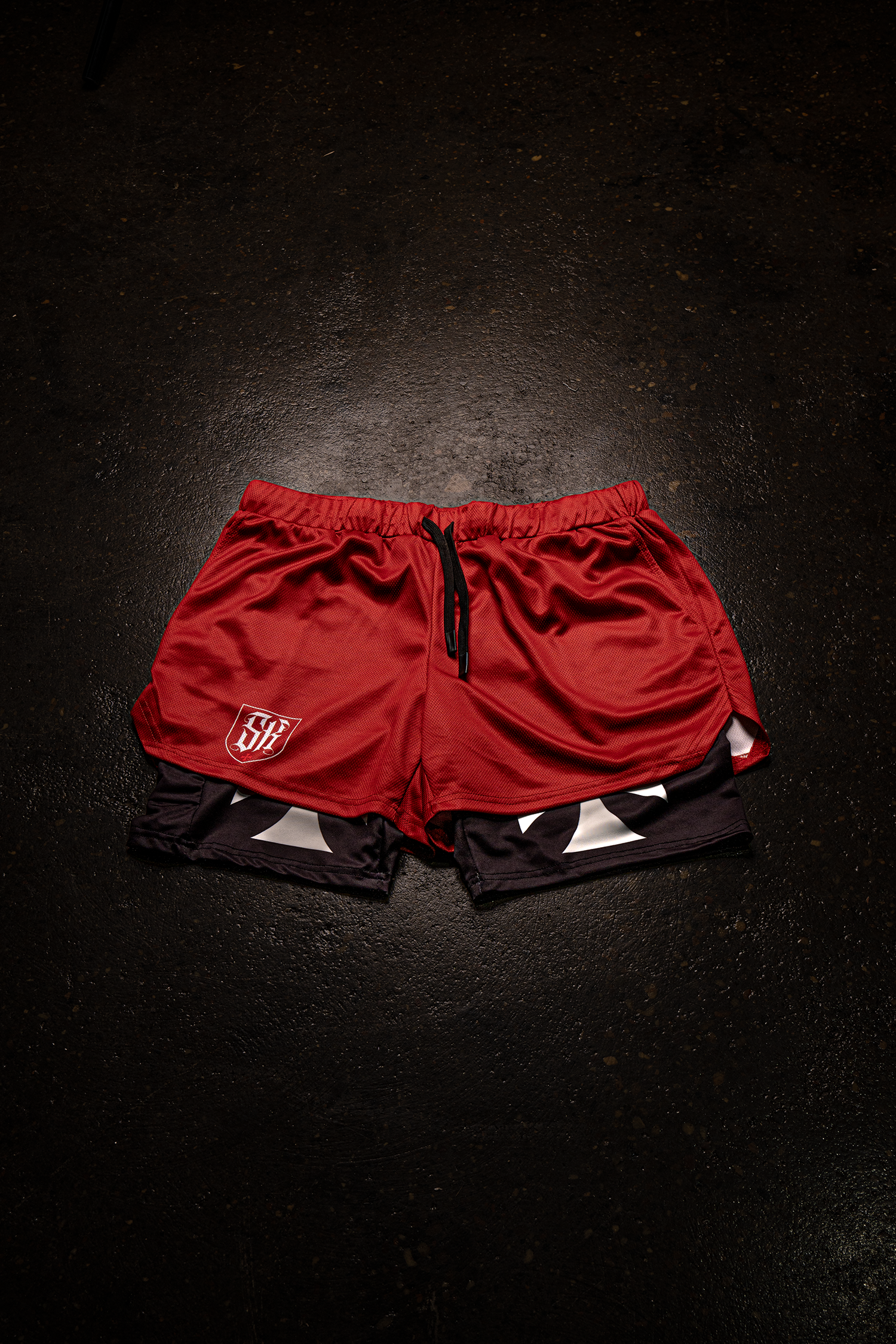 Saint Kaizen Christian gym wear Crusader Cross Performance Shorts - Red. Two-layer shorts built for optimal mobility, featuring secure pockets and premium fabric.