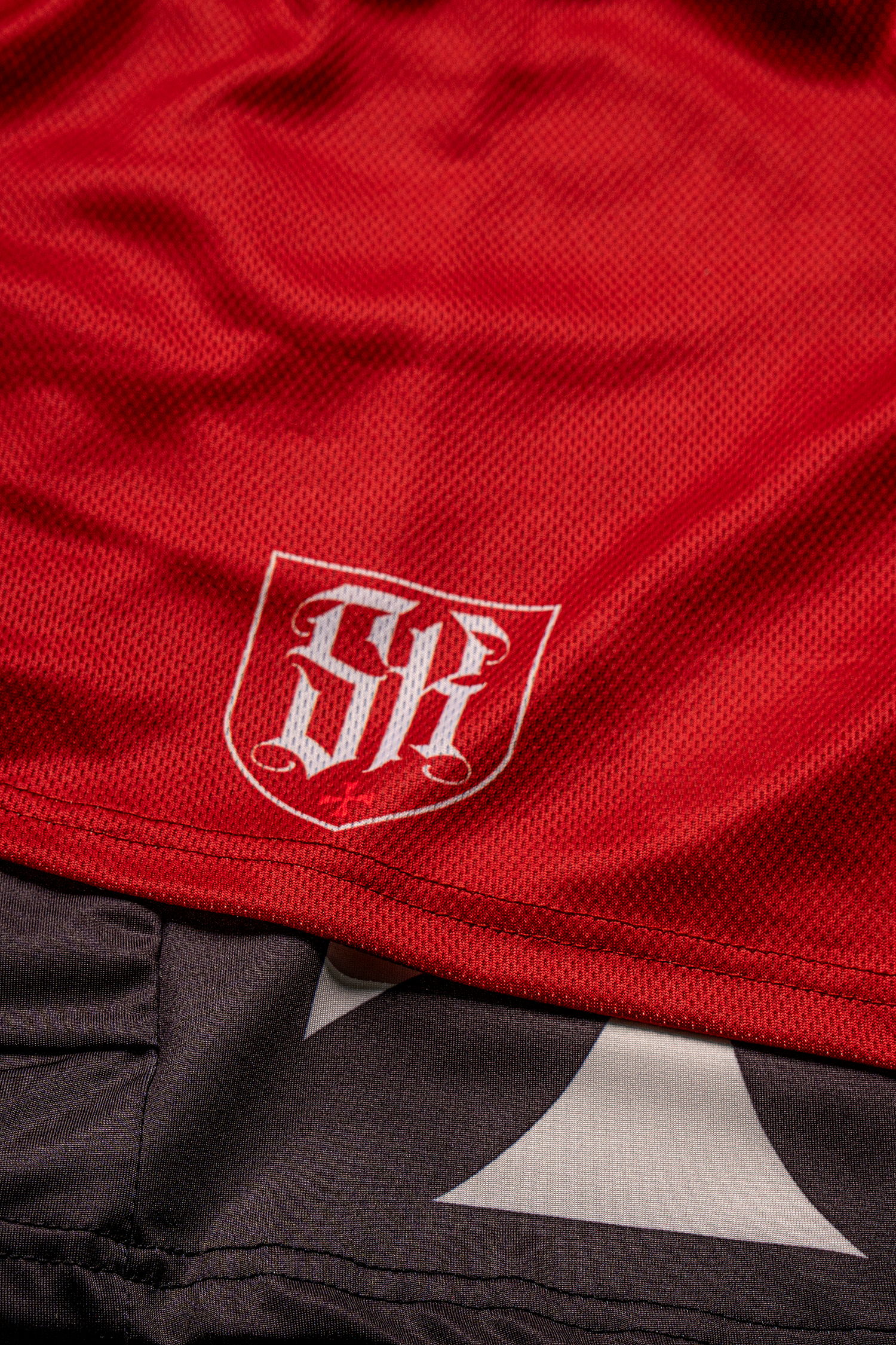 Saint Kaizen Christian gym wear Crusader Cross Performance Shorts - Red. Two-layer shorts built for optimal mobility, featuring secure pockets and premium fabric.