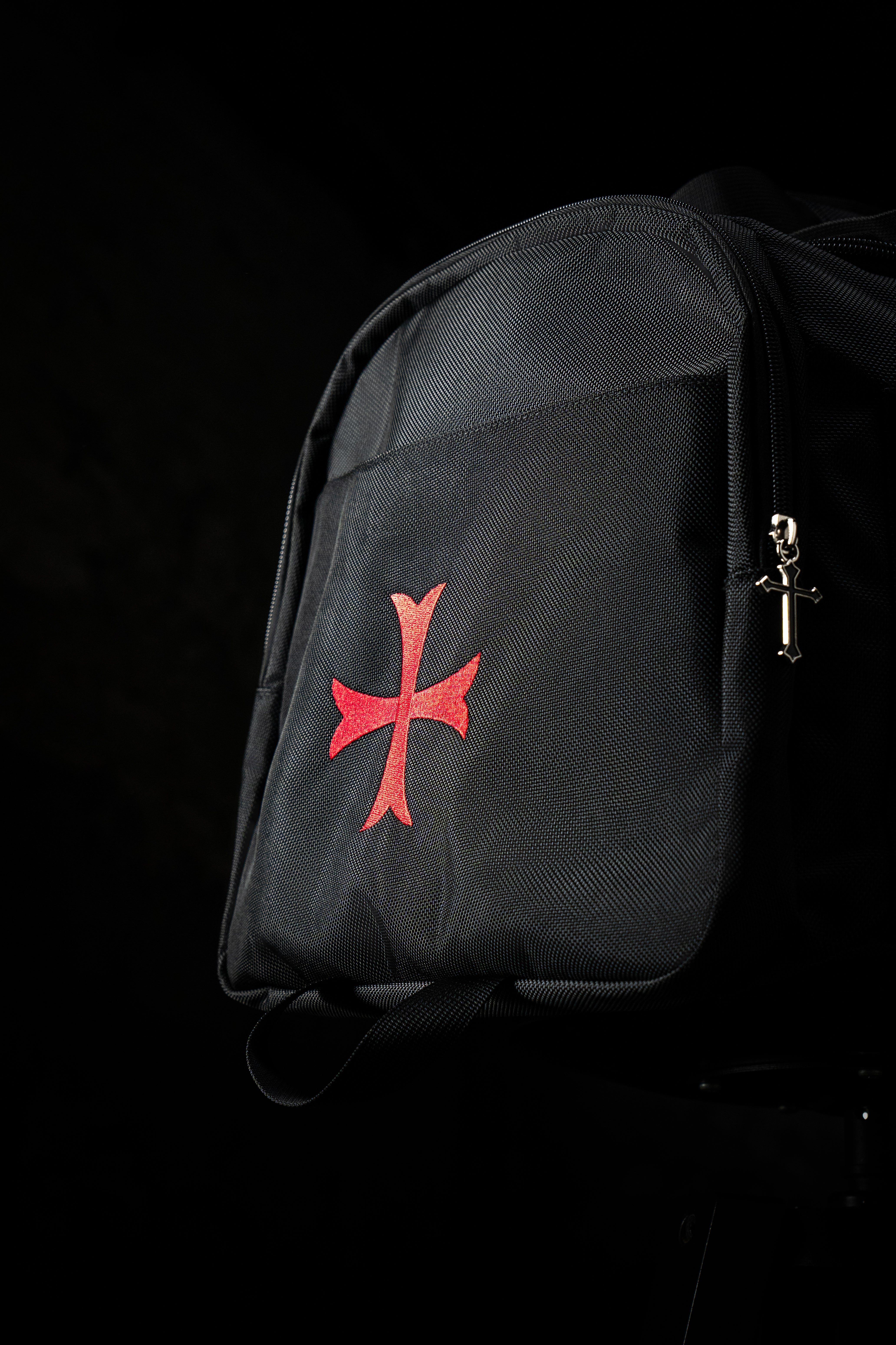 Close-up of the Saint Kaizen Crusader Duffle Bag embroidered with the inspirational artwork. A large, spiritual 37.5L bag for Christians who train.