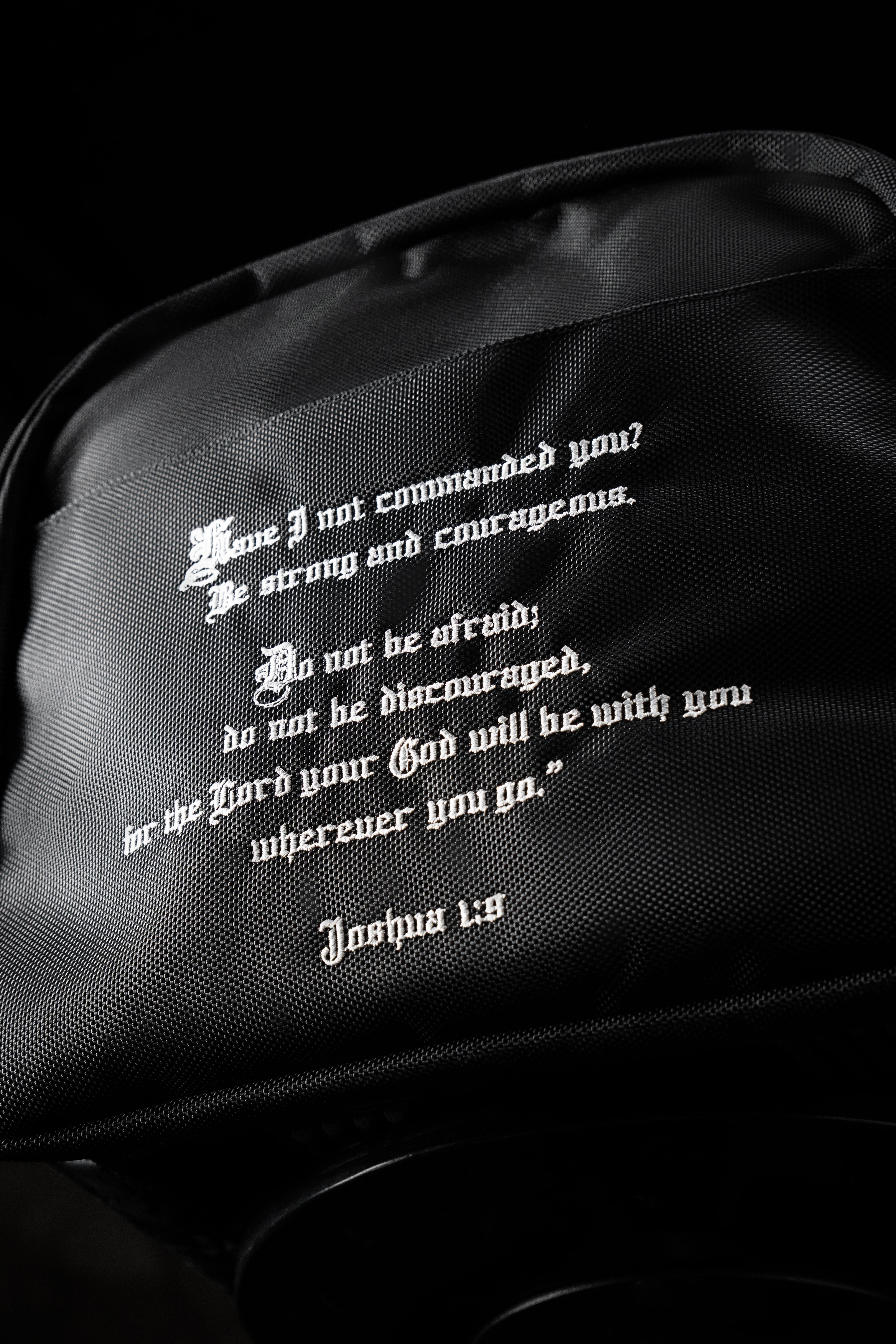 Close-up of the Saint Kaizen Crusader Duffle Bag embroidered with the inspirational artwork. A large, spiritual 37.5L bag for Christians who train.