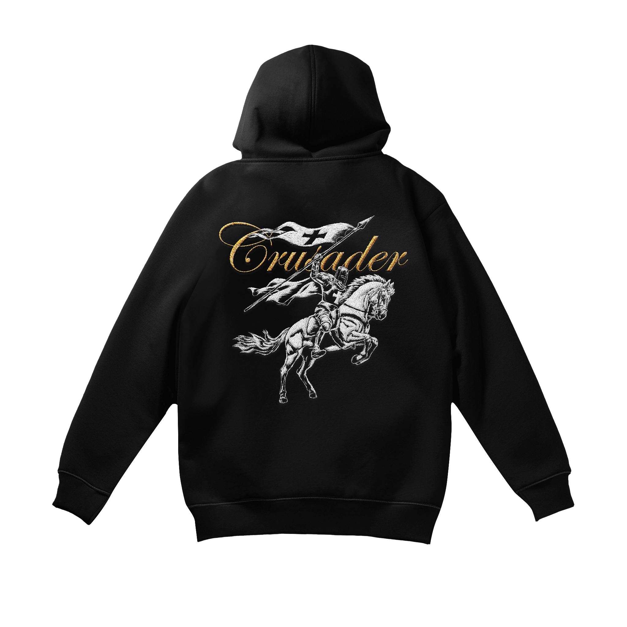 Saint Kaizen Crusader Embroidery Hoodie. Heavyweight Christian gym wear hoodie featuring detailed embroidered spiritual artwork.