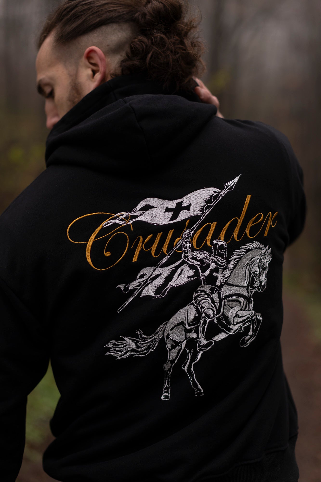Saint Kaizen Crusader Embroidery Hoodie. Heavyweight Christian gym wear hoodie featuring detailed embroidered spiritual artwork.