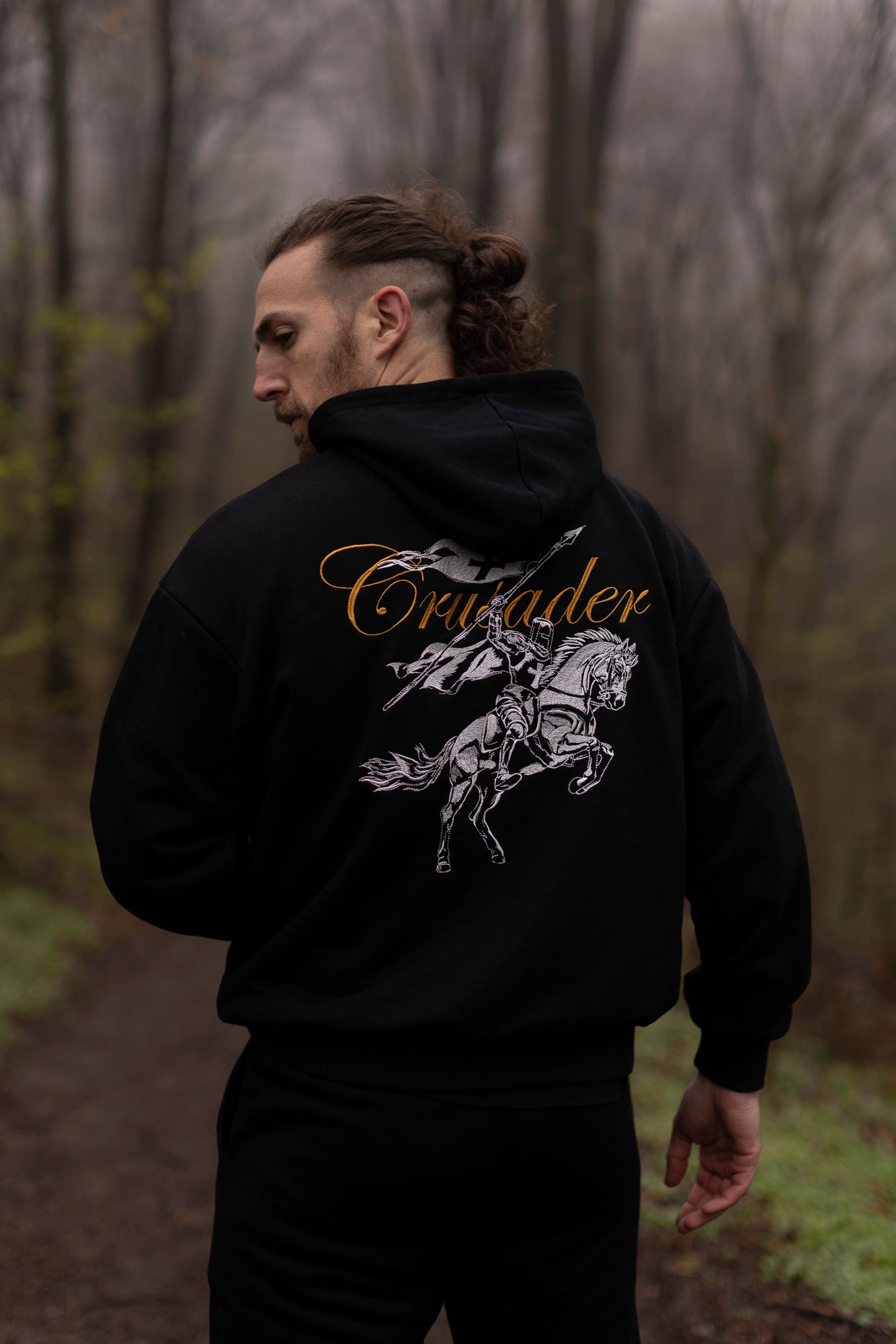 Saint Kaizen Crusader Embroidery Hoodie. Heavyweight Christian gym wear hoodie featuring detailed embroidered spiritual artwork.