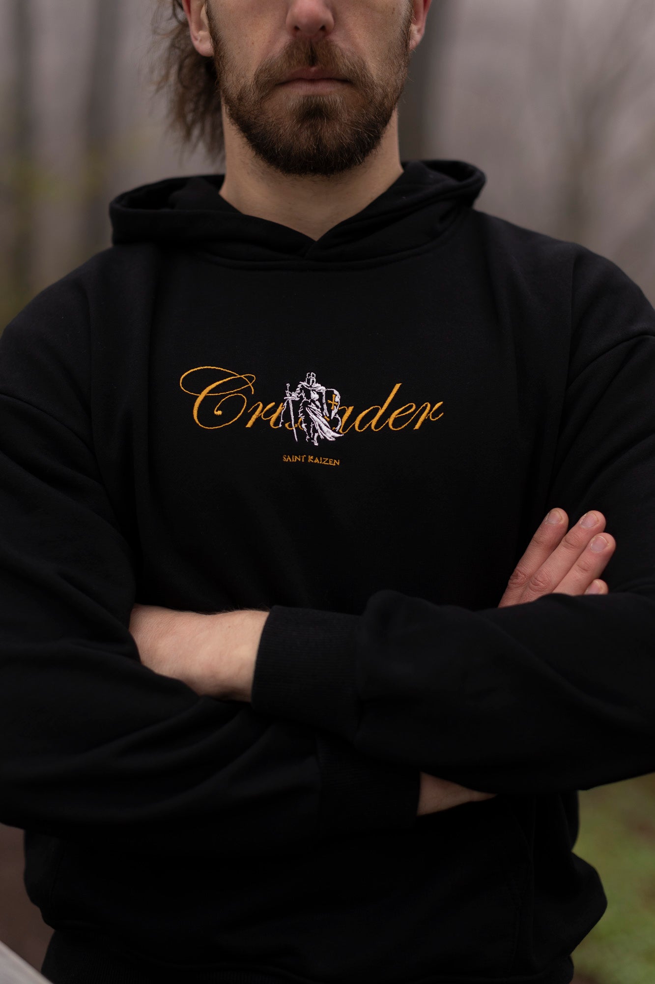 Saint Kaizen Crusader Embroidery Hoodie. Heavyweight Christian gym wear hoodie featuring detailed embroidered spiritual artwork.