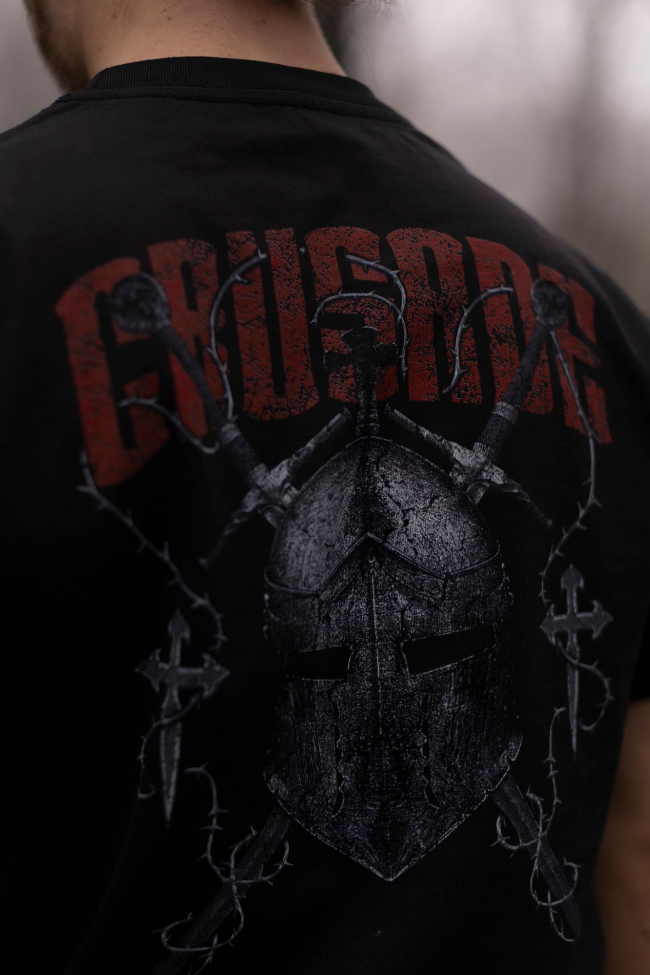 Saint Kaizen Christian gym wear shirt. Features the bold Crusader Helmet T-Shirt spiritual design. Oversize fit made from premium 220gr cotton.