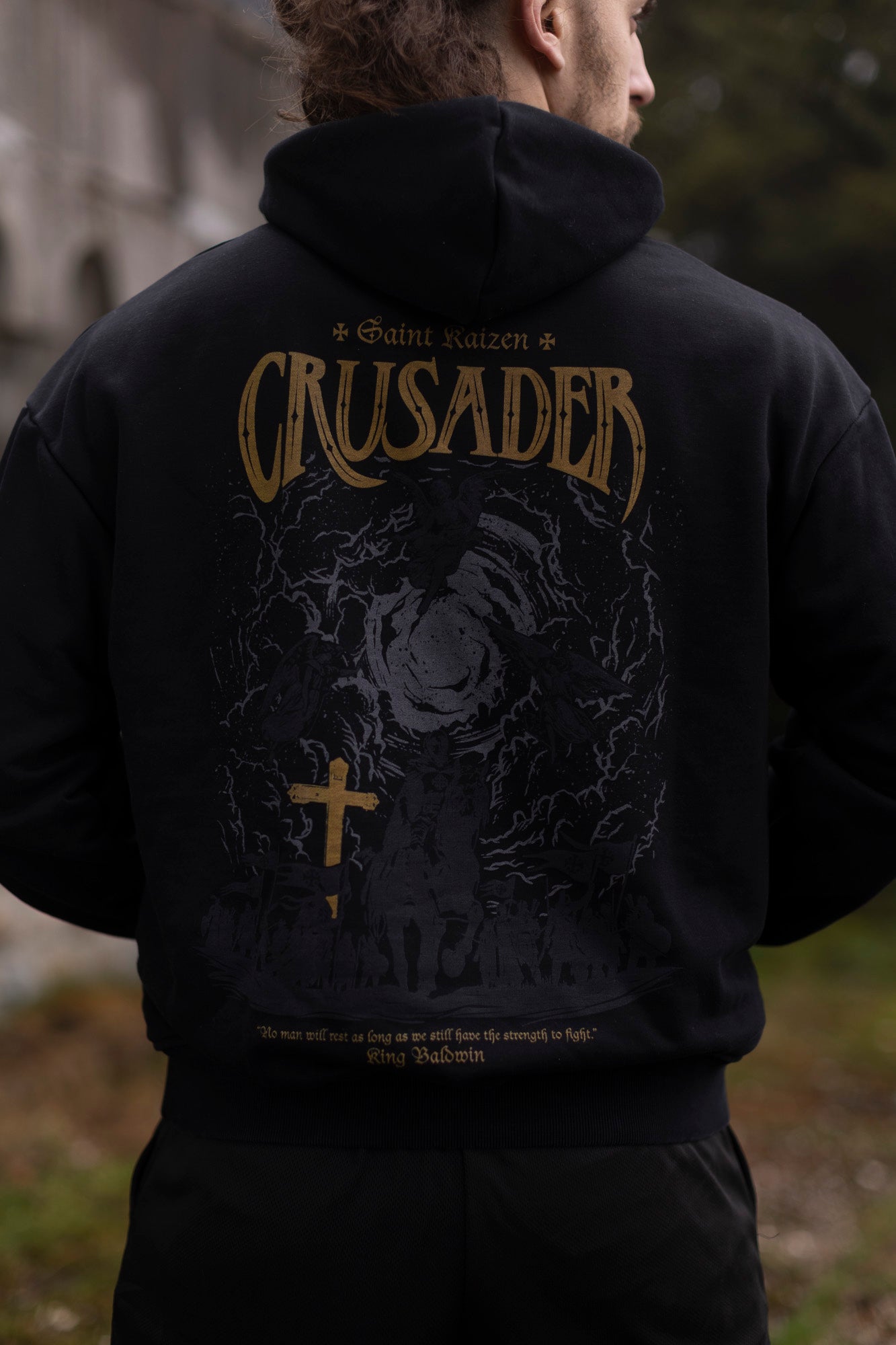 Saint Kaizen Crusader Hoodie. Heavyweight Christian gym wear hoodie featuring a durable with spiritual artwork.