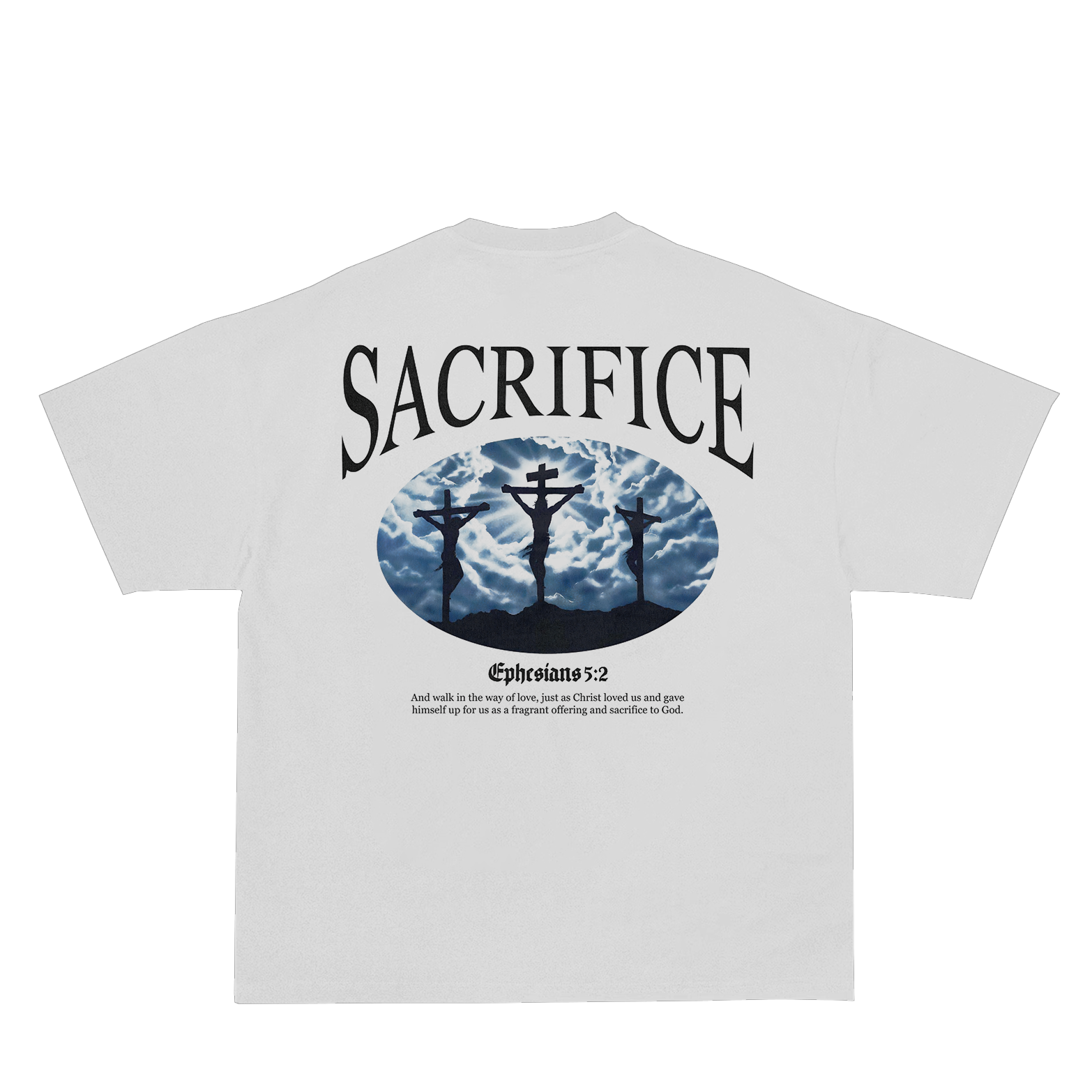 Saint Kaizen Christian gym wear shirt. Features the bold Ephesians 5:2 T-Shirt - White spiritual design. Oversize fit made from premium 220gr cotton.