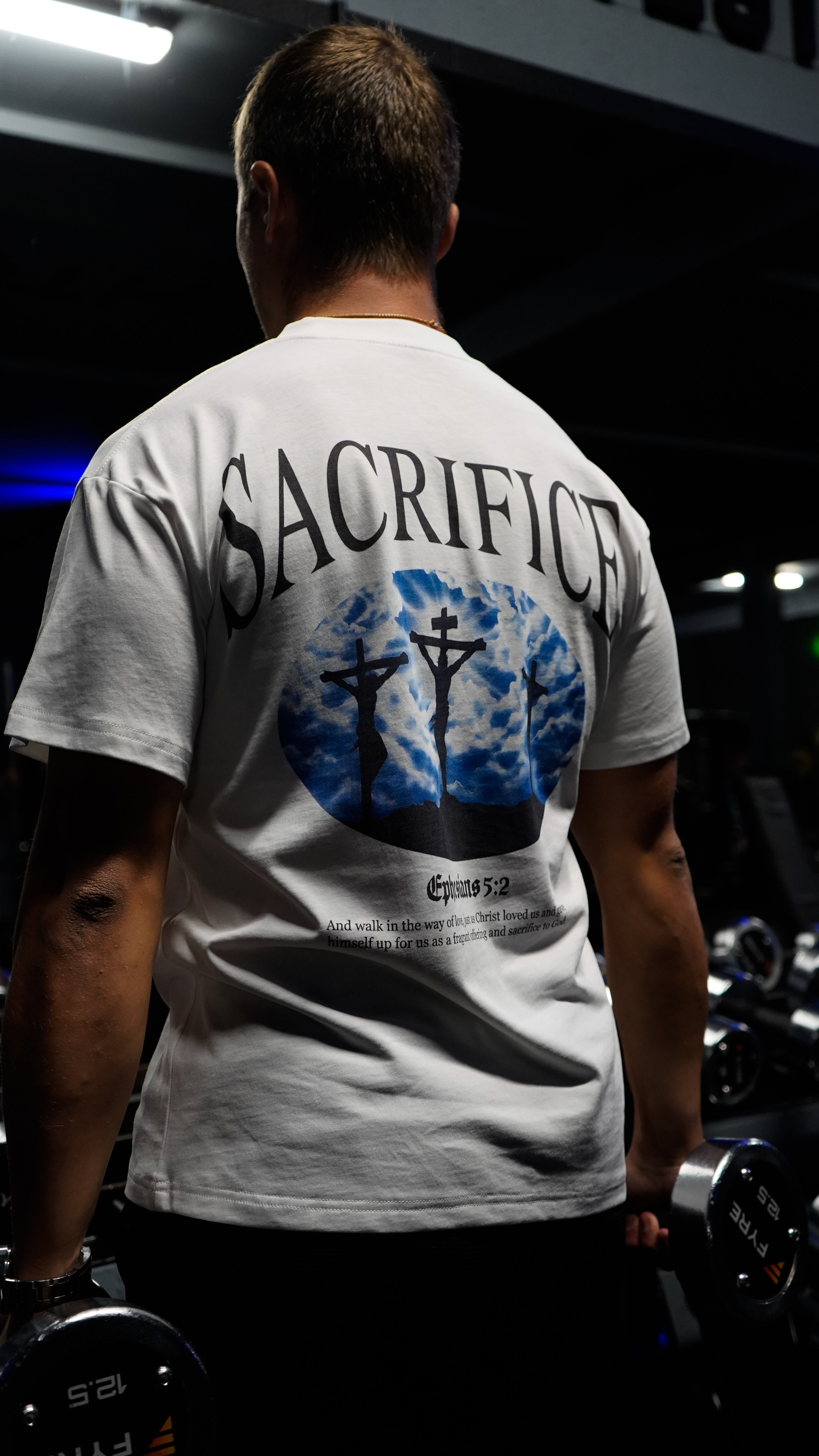 Saint Kaizen Christian gym wear shirt. Features the bold Ephesians 5:2 T-Shirt - White spiritual design. Oversize fit made from premium 220gr cotton.