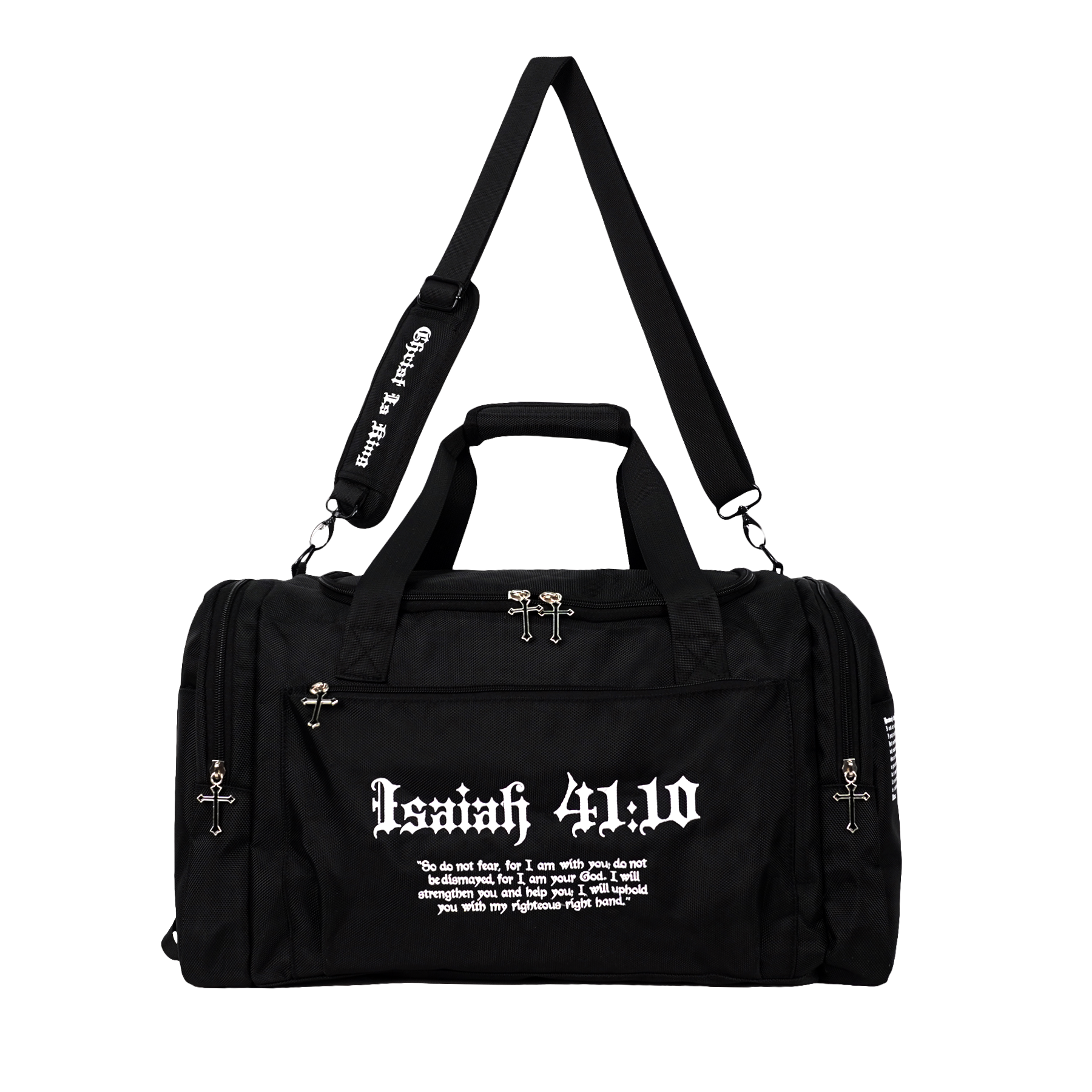 Saint Kaizen Christian gym duffle bag. Features the Fear Not Duffle Bag verse, powerful spiritual artwork, and detailed embroidery for Christian athletes.