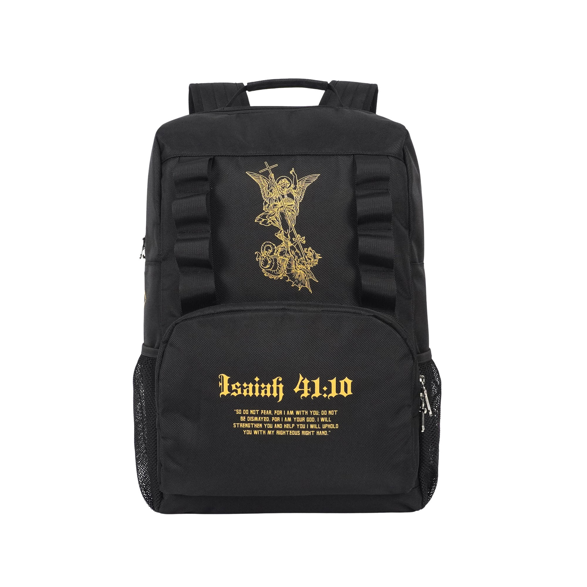 Saint Kaizen Fear Not Backpack for Christian athletes. Features Isaiah 41:10 text and gold silk-printed Archangel Michael artwork.