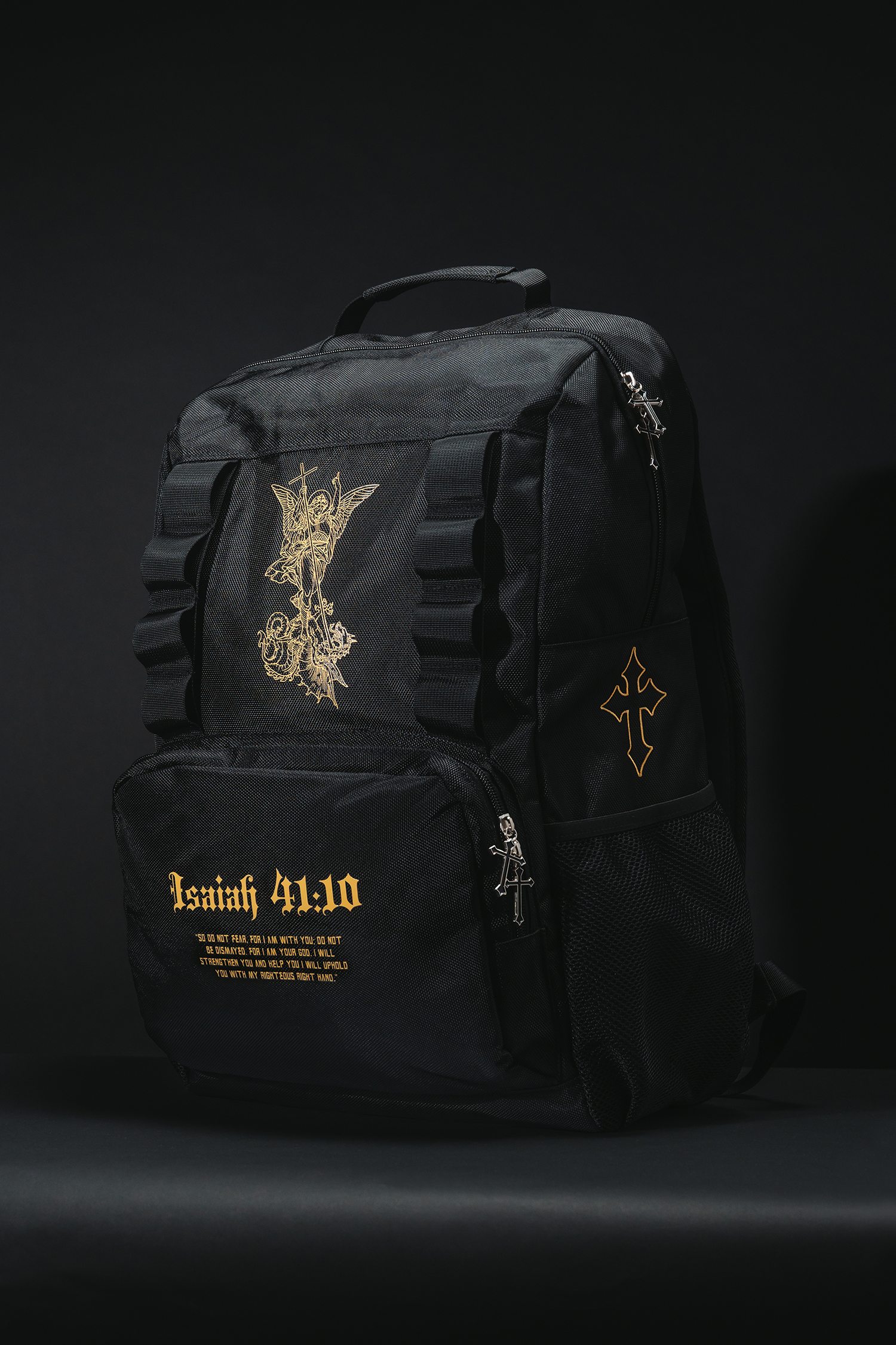 Saint Kaizen Fear Not Backpack for Christian athletes. Features Isaiah 41:10 text and gold silk-printed Archangel Michael artwork.