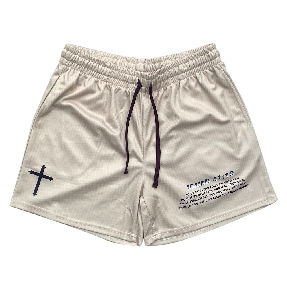 Christian-themed mesh gym shorts with Bible verses, made from 100% polyester, featuring double side pockets and a 5-inch inseam for comfort and mobility.