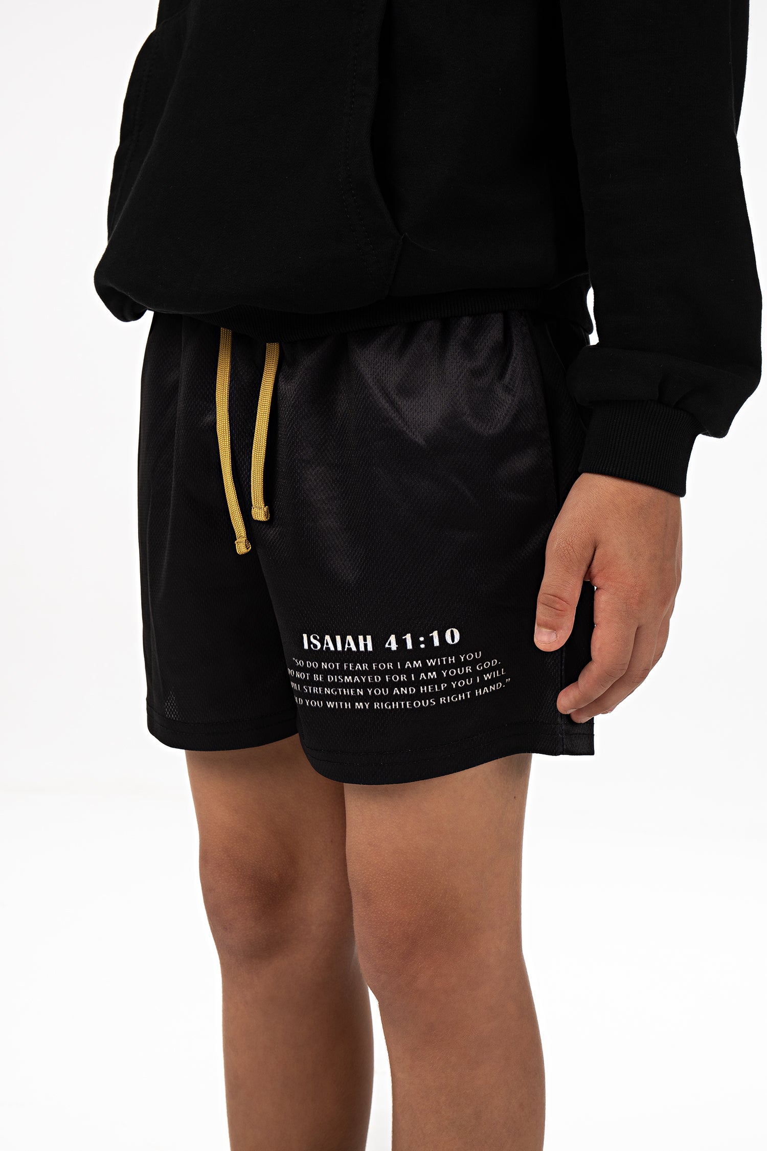 Saint Kaizen Christian gym wear Fearless Youth Mesh Shorts. Lightweight 100% polyester mesh with bold printed spiritual design. Features a 5-inch inseam for mobility.