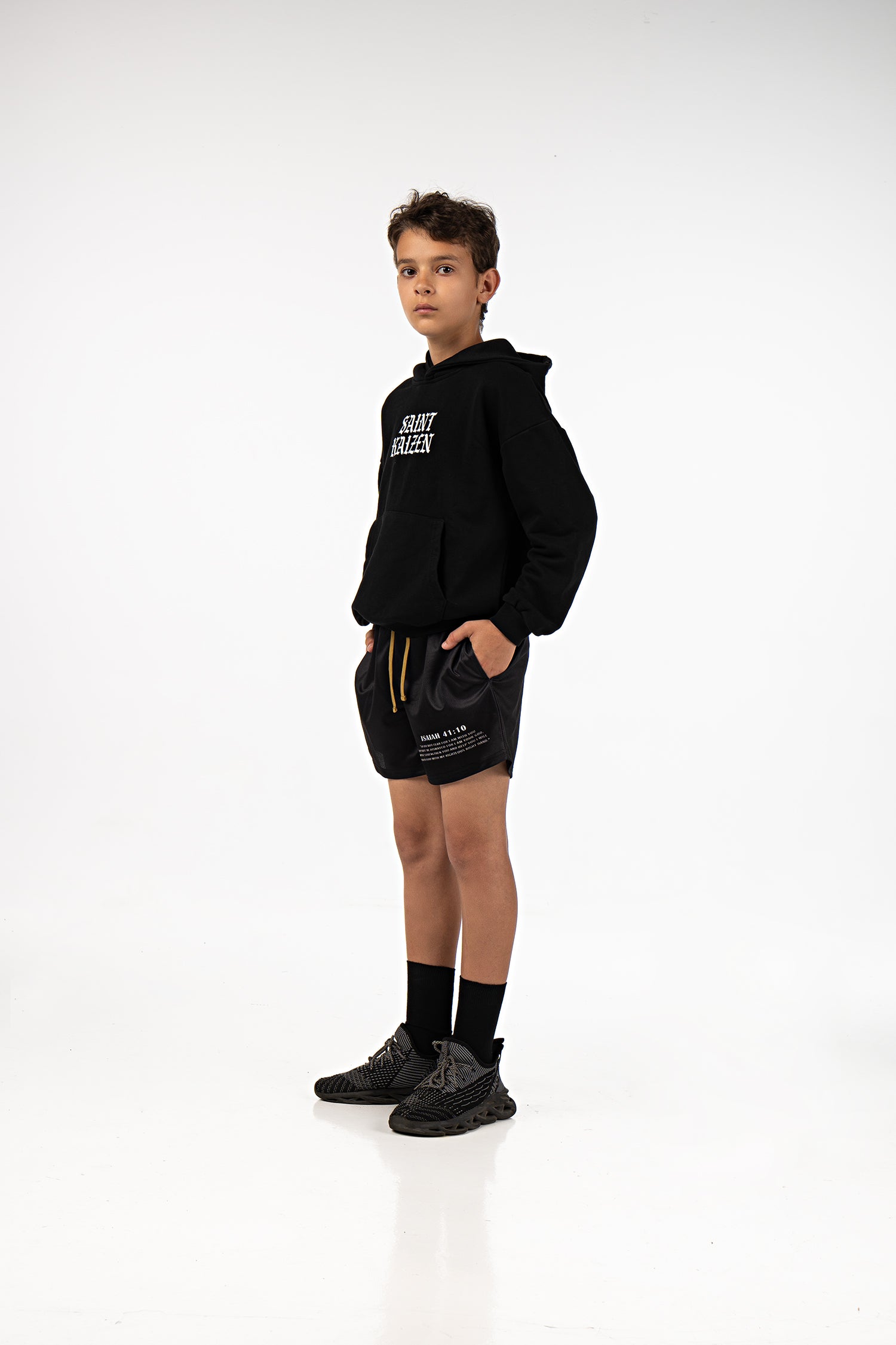 Saint Kaizen Christian gym wear Fearless Youth Mesh Shorts. Lightweight 100% polyester mesh with bold printed spiritual design. Features a 5-inch inseam for mobility.