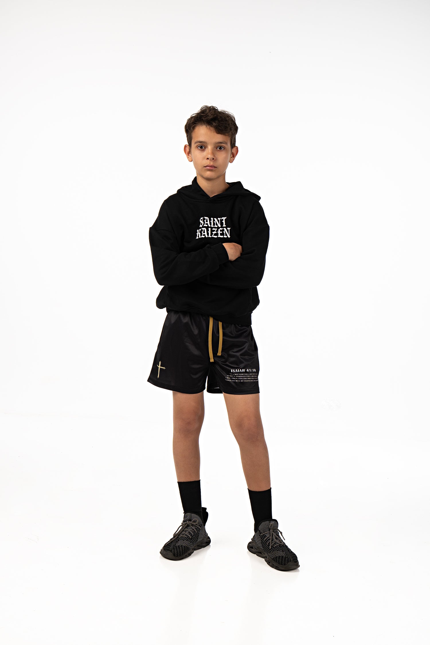 Saint Kaizen Christian gym wear Fearless Youth Mesh Shorts. Lightweight 100% polyester mesh with bold printed spiritual design. Features a 5-inch inseam for mobility.