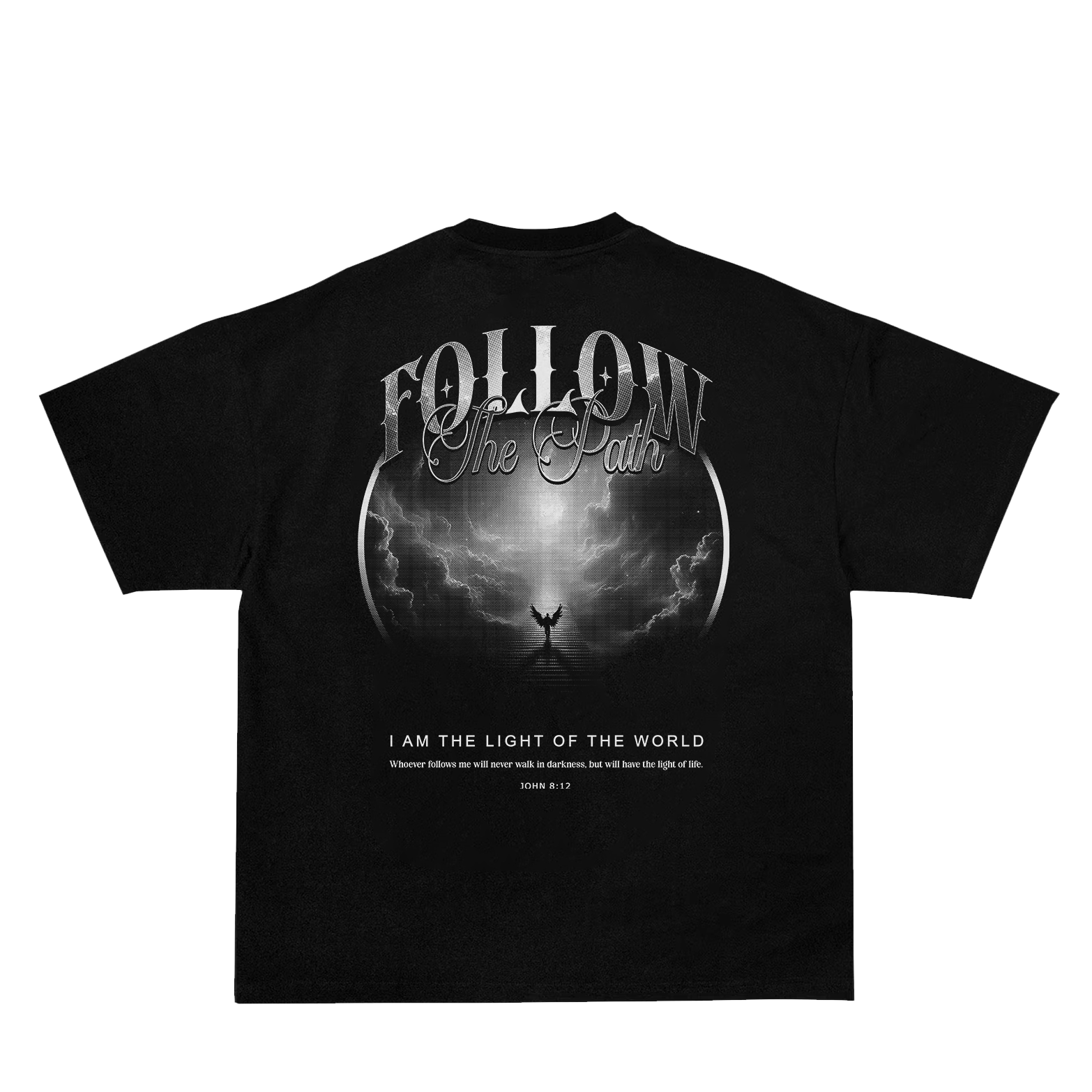 Saint Kaizen Christian gym wear shirt. Features the bold Follow The Light T-Shirt - Acid Wash Black spiritual design. Oversize fit made from premium 220gr cotton.