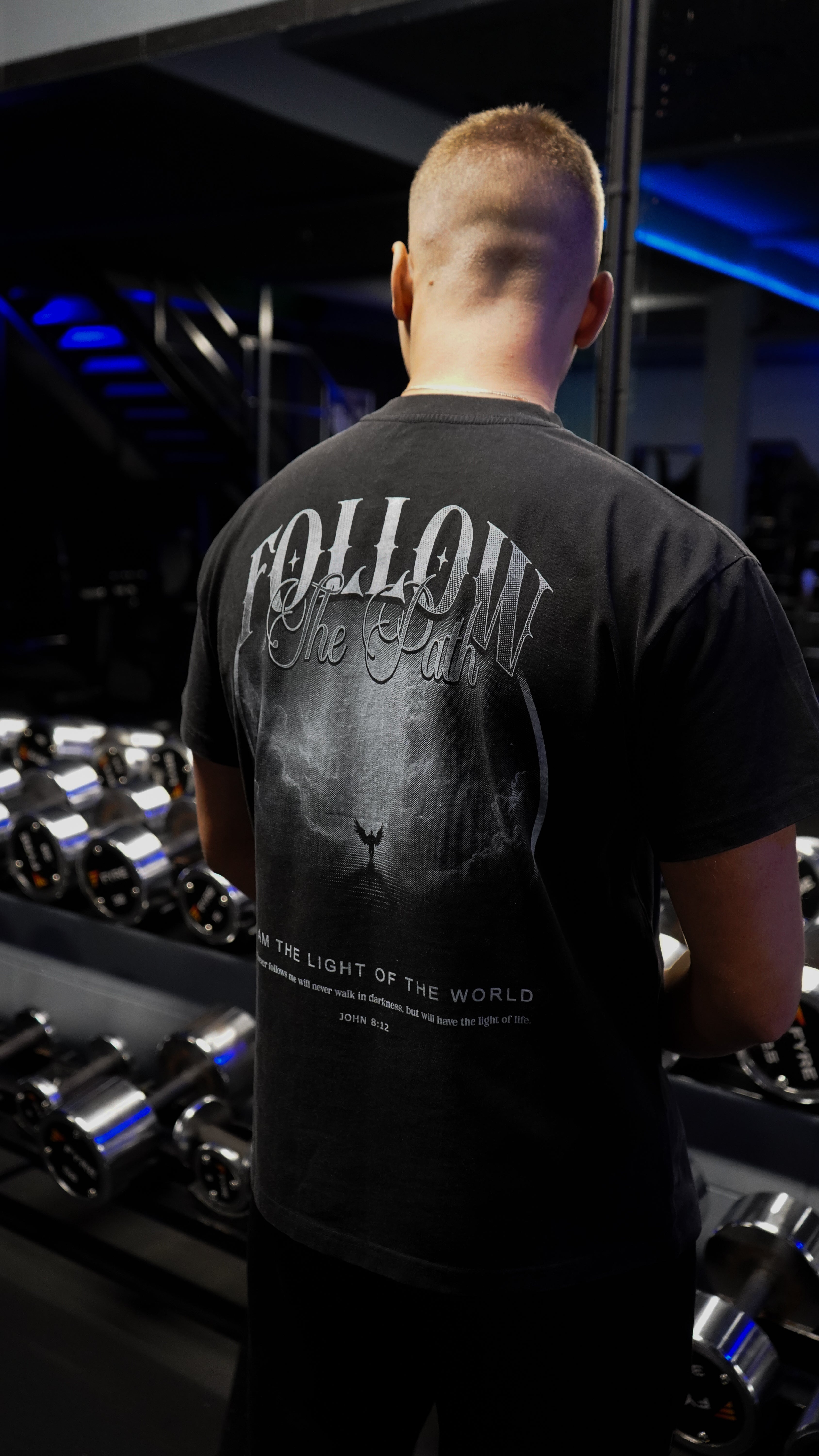 Saint Kaizen Christian gym wear shirt. Features the bold Follow The Light T-Shirt - Acid Wash Black spiritual design. Oversize fit made from premium 220gr cotton.